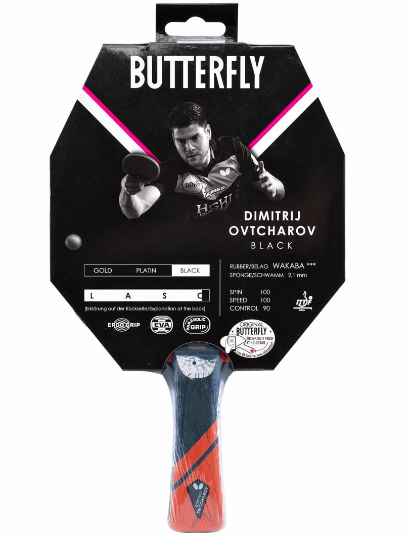 Butterfly Dimitrij Ovtcharov Black Raqueta de Tenis de Mesa Tecnología EVA Revestimiento Wakaba ITTF Esponja 2,1 mm