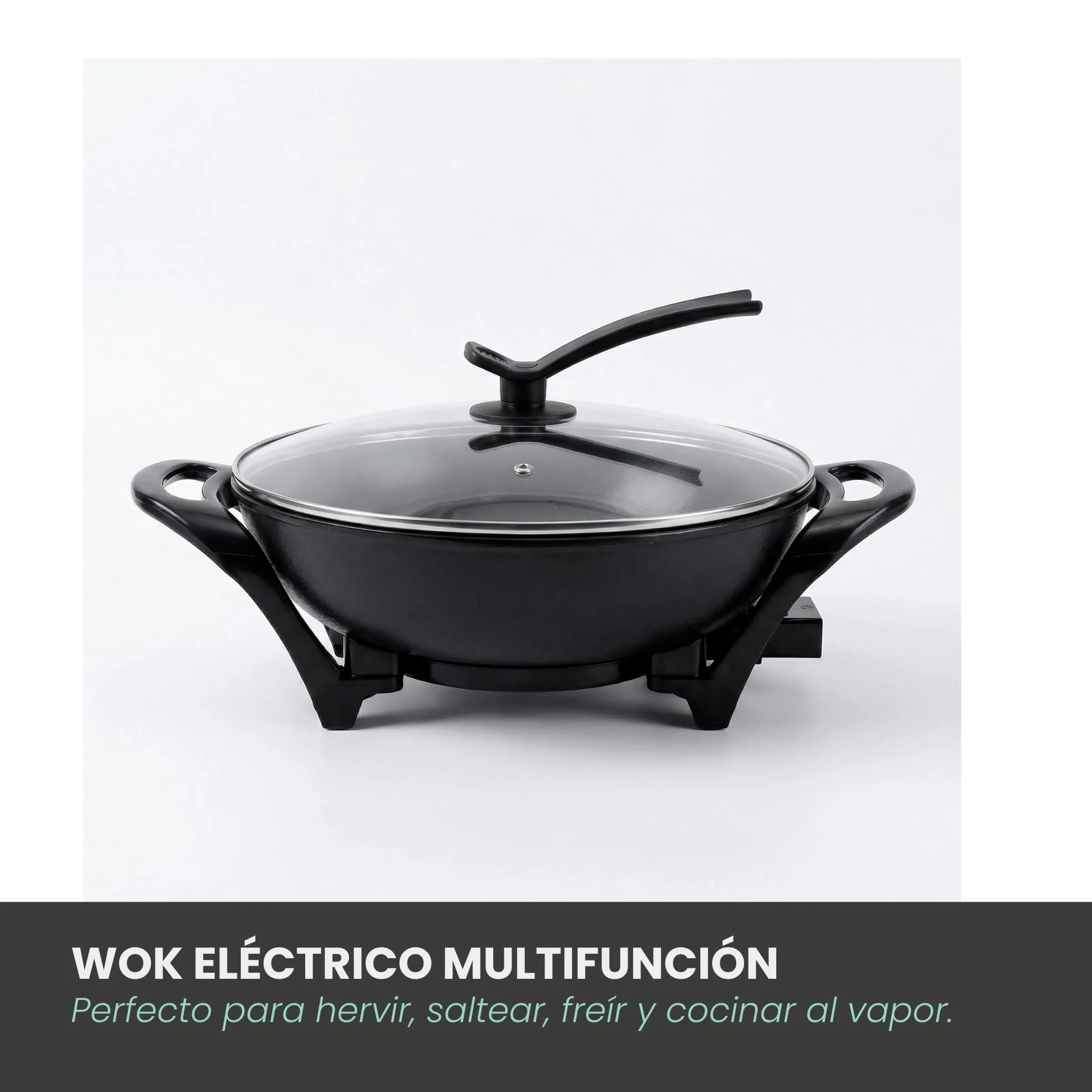 Jocca-Wok Eléctrico Multifunción 32 cm con Tapa de Cristal, Revestimiento Cerámico Antiadherente, Termostato Ajustable, 1600W, Ideal para Saltear, Freír y Cocinar al Vapor