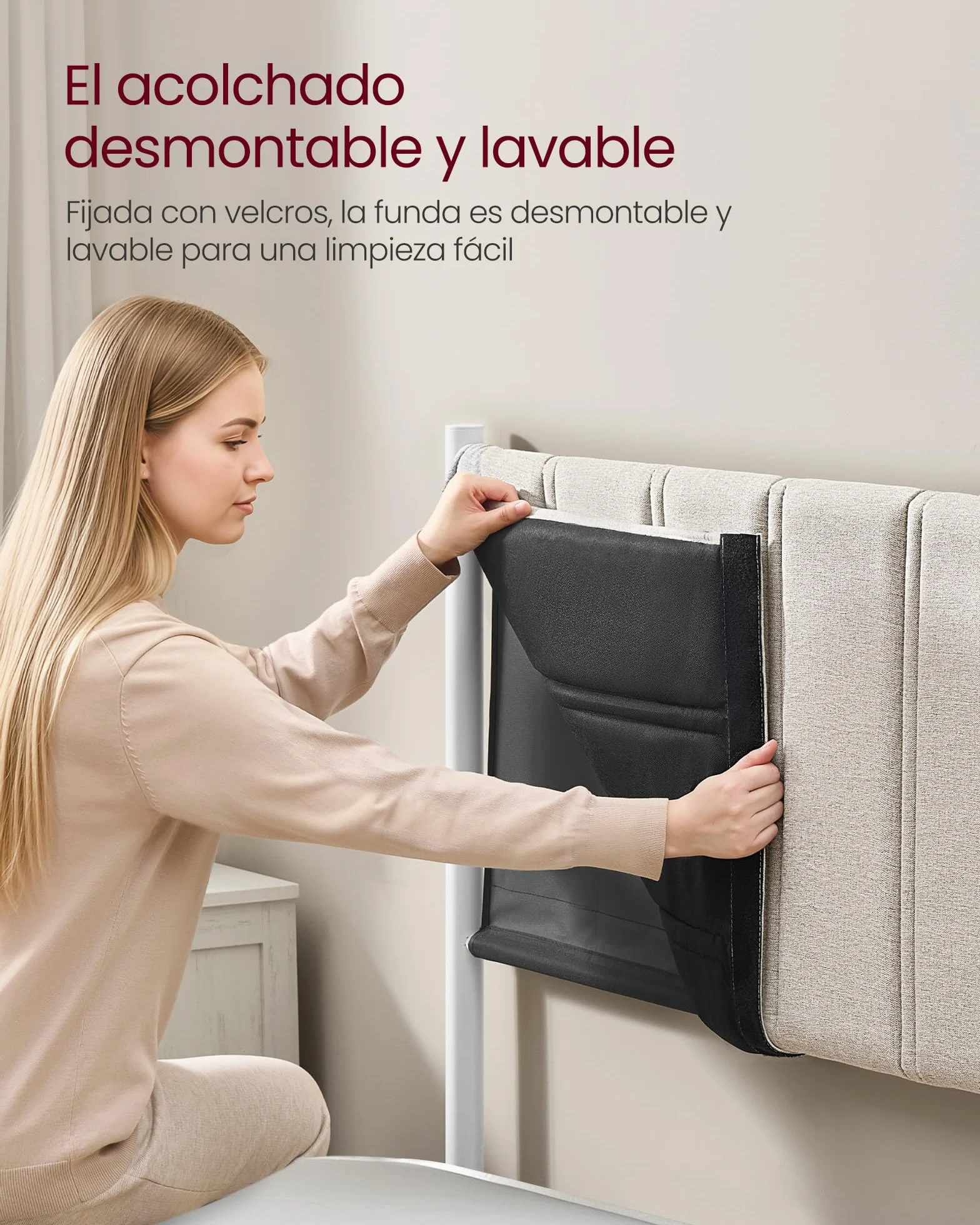 VASAGLE Estructura de Cama, 160 x 200 cm, Cama Elevable, 2 Personas, con Almacenaje, Cabecero, Sistema Hidráulico, Moderno y Minimalista, Fácil Montaje, Beige Capuchino RMB615LH01