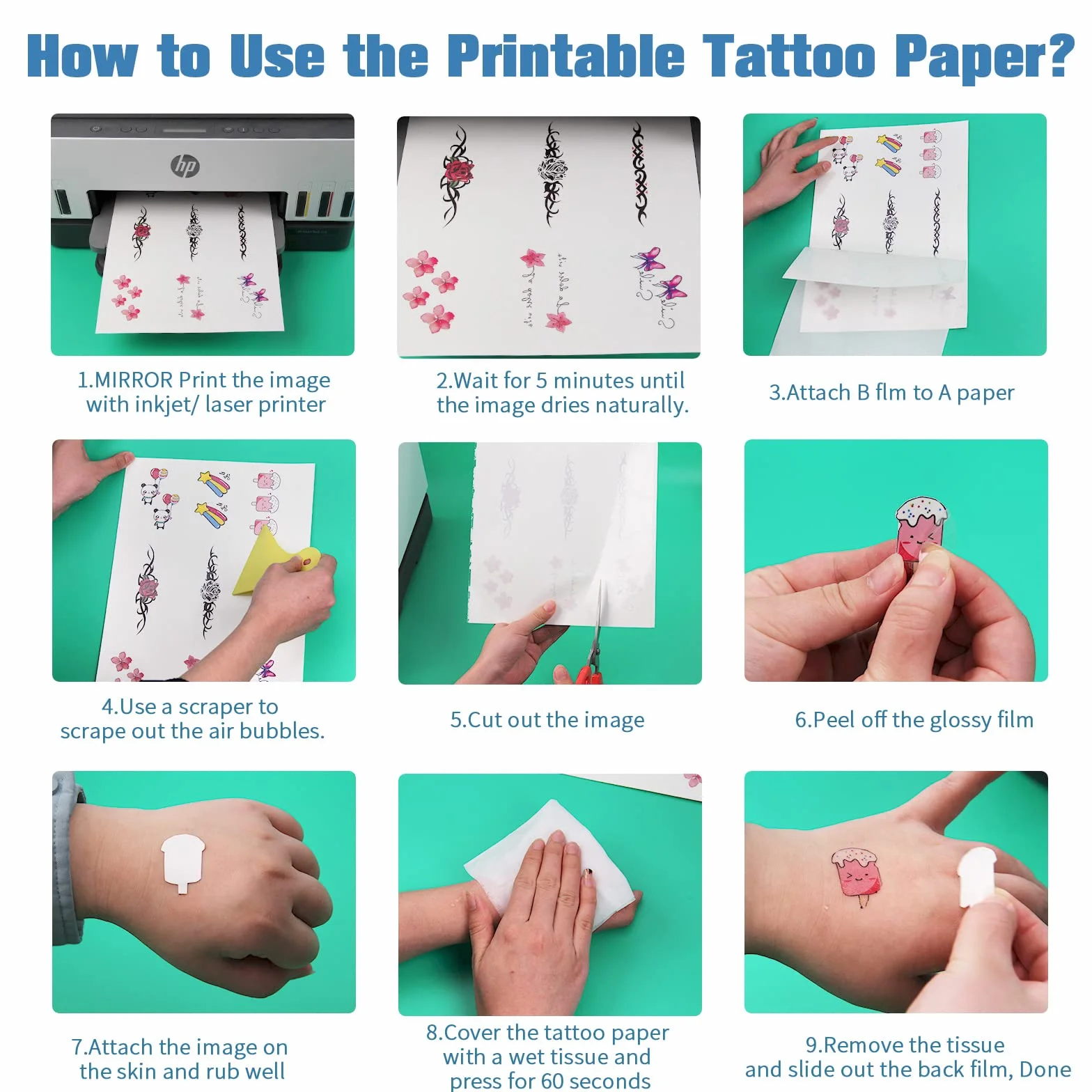 Papel de Tatuaje Temporal Imprimible, Papel para Transferir Tatuajes A4X5 Hojas Transparente Papel de Transferencia para Tatuajes, DIY Tatuaje Papel para Impresora de Inyección de Tinta y Láser