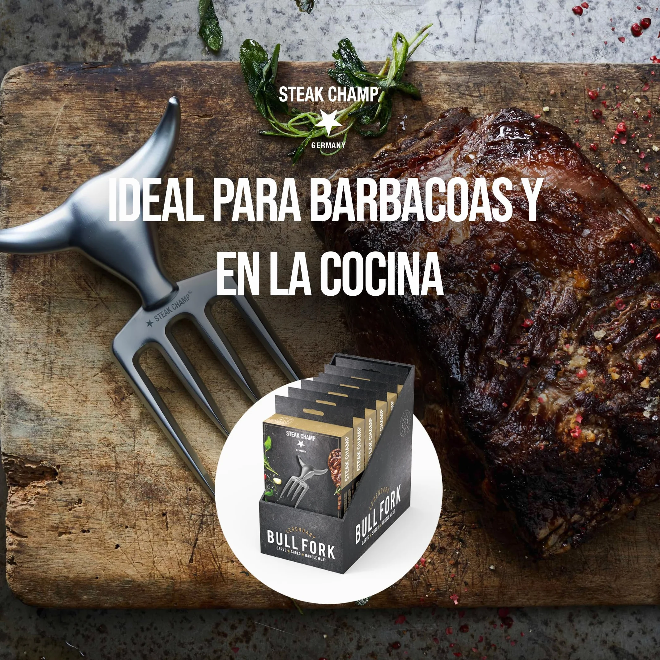 Tenedor de carne Steak Champ Bull Fork, 16,5 cm: Tenedor sólido para servir, cubiertos para trinchar, con aleación de zinc, cromado, apto para lavavajillas