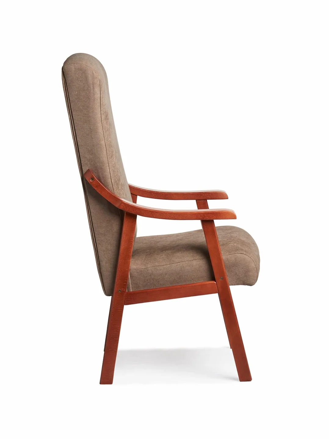 Silla con Brazos. Especial para geriátrico, Personas Mayores con la Espalda Recta. Tapizado en Tela o Polipiel. Color Tostado (Medidas: 115 * 55 * 68 cm.)