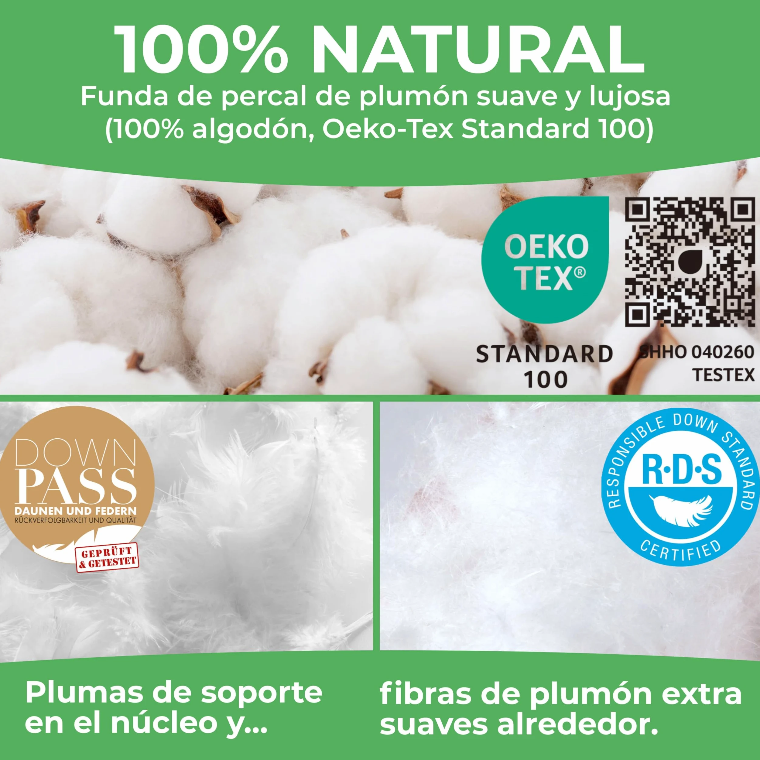 Welldora Almohada Premium 50x70 cm, 100% Fibras de plumón y Plumas, Media | Diseño de nubes para máximo confort | De lado y boca arriba | Oeko-Tex | Dermatest “Muy bueno” | Prestigiosa marca suiza