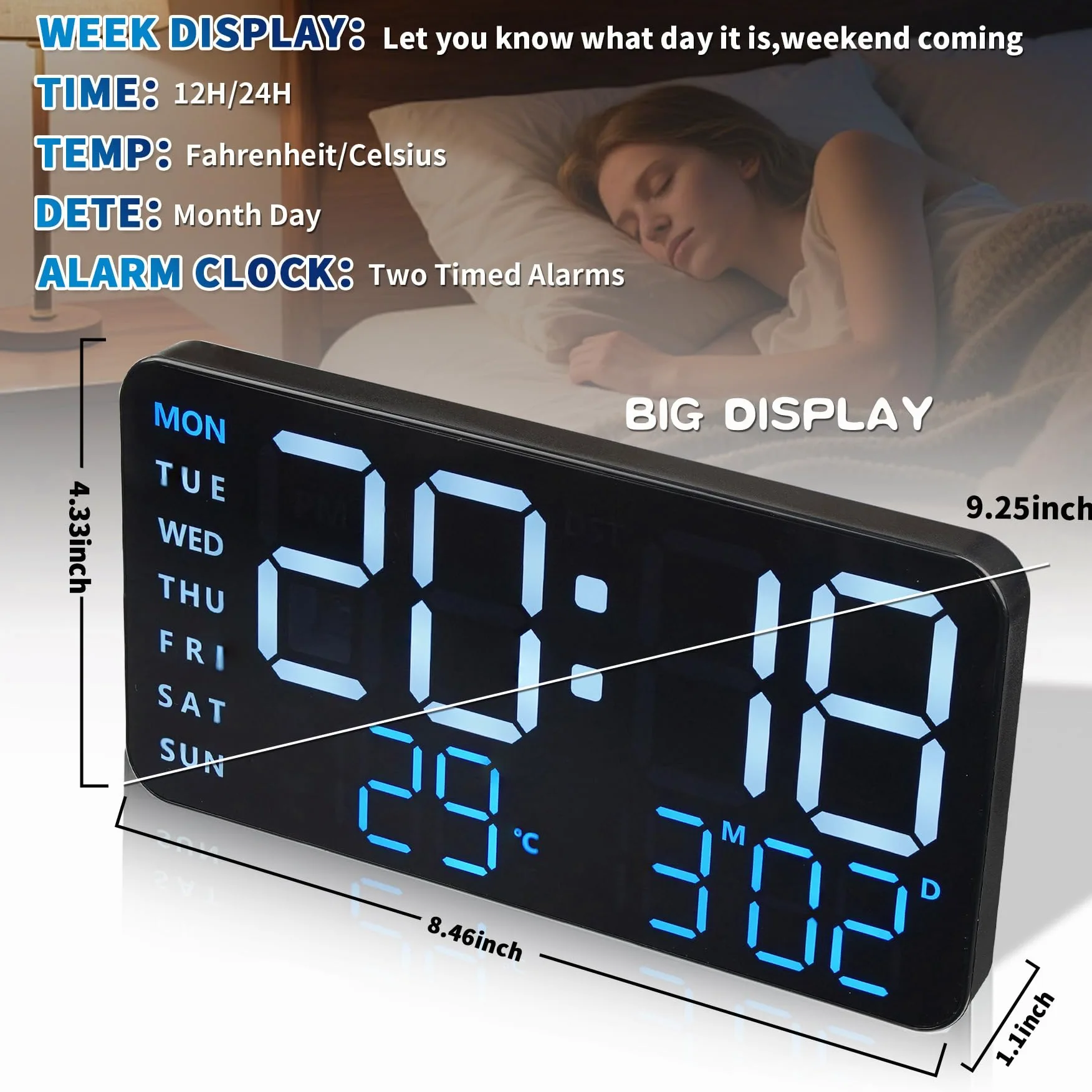 KCKJ Reloj despertador digital grande para dormitorio y hogar, con visualización de temperatura, fecha y día de la semana, brillo y volumen ajustables, doble uso para escritorio o montaje en pared