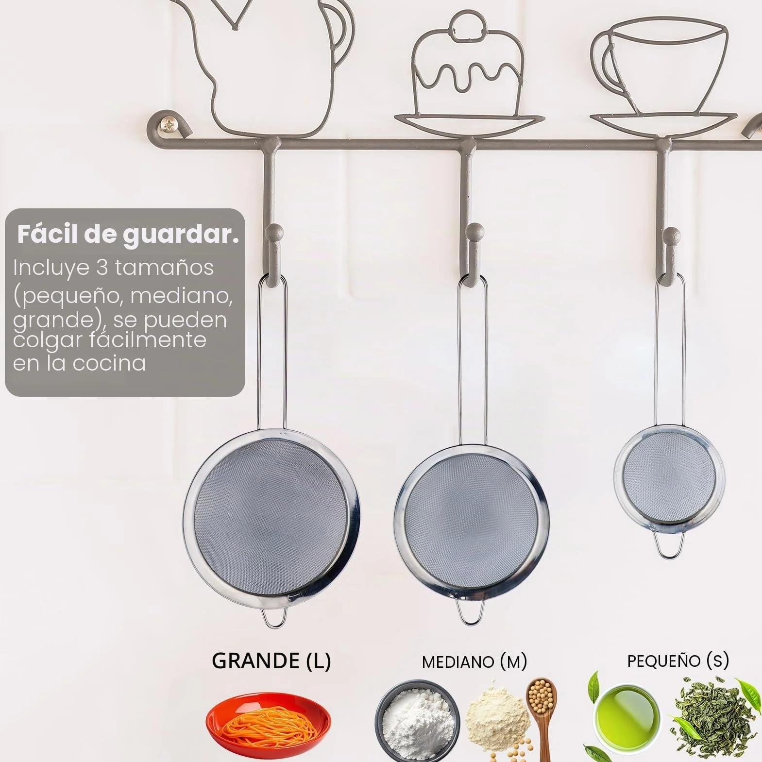3 Piezas Coladores de Cocina Acero Inoxidable, Colador de Malla Fina con Manija, Tamiz de Harina para Alimentos, Vegetales, Harina y Pasta (8/12/16 cm)
