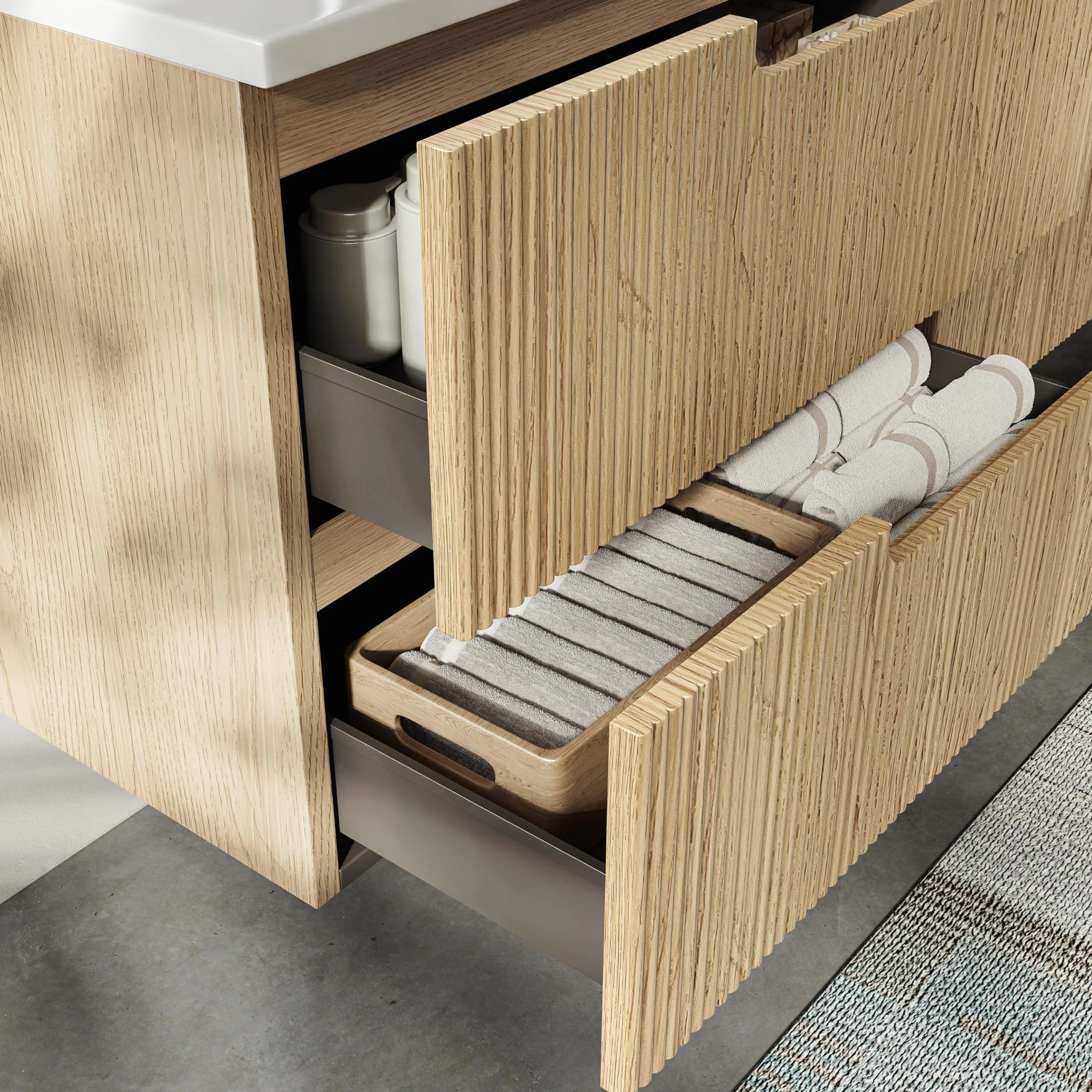 Mueble de Baño Suspendido de 100 cm con Lavabo de Resina Mineral, 2 Cajones y 1 Puerta, Ultrafino, Cierre Suave, Frontal Acanalado – Apto para Baños Grandes – Golden Sand