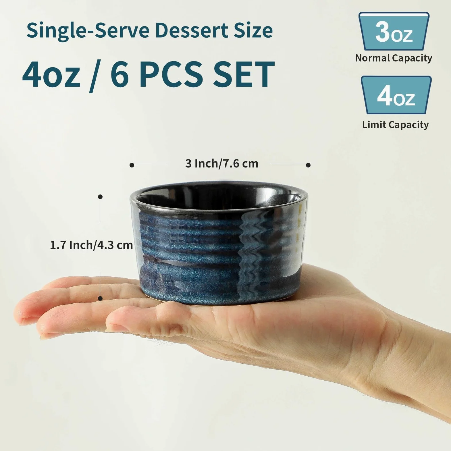 Ramequines de cerámica de 4 onzas, juego de 6 platos pequeños para soufflé, mini cuencos para hornear para cocina, tazas de salsa de porcelana para crema brulee, pudín, helado, pasteles de