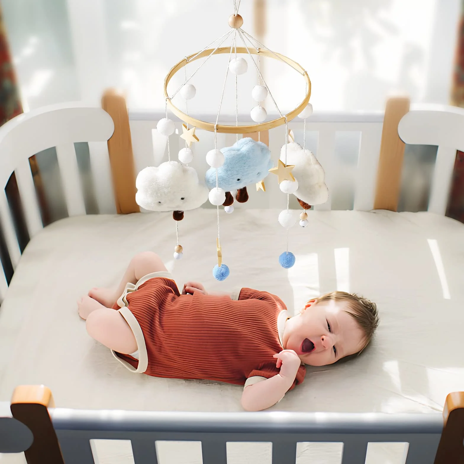 Mobile baby Cloud Wind Games felt Balls Sweet Cloud Mobile baby Room ganchillo de madera Mobile BABY Bed Bell colgante cuna cambio de mesa decoración Cloud Mobile Crib Deco Bedbell