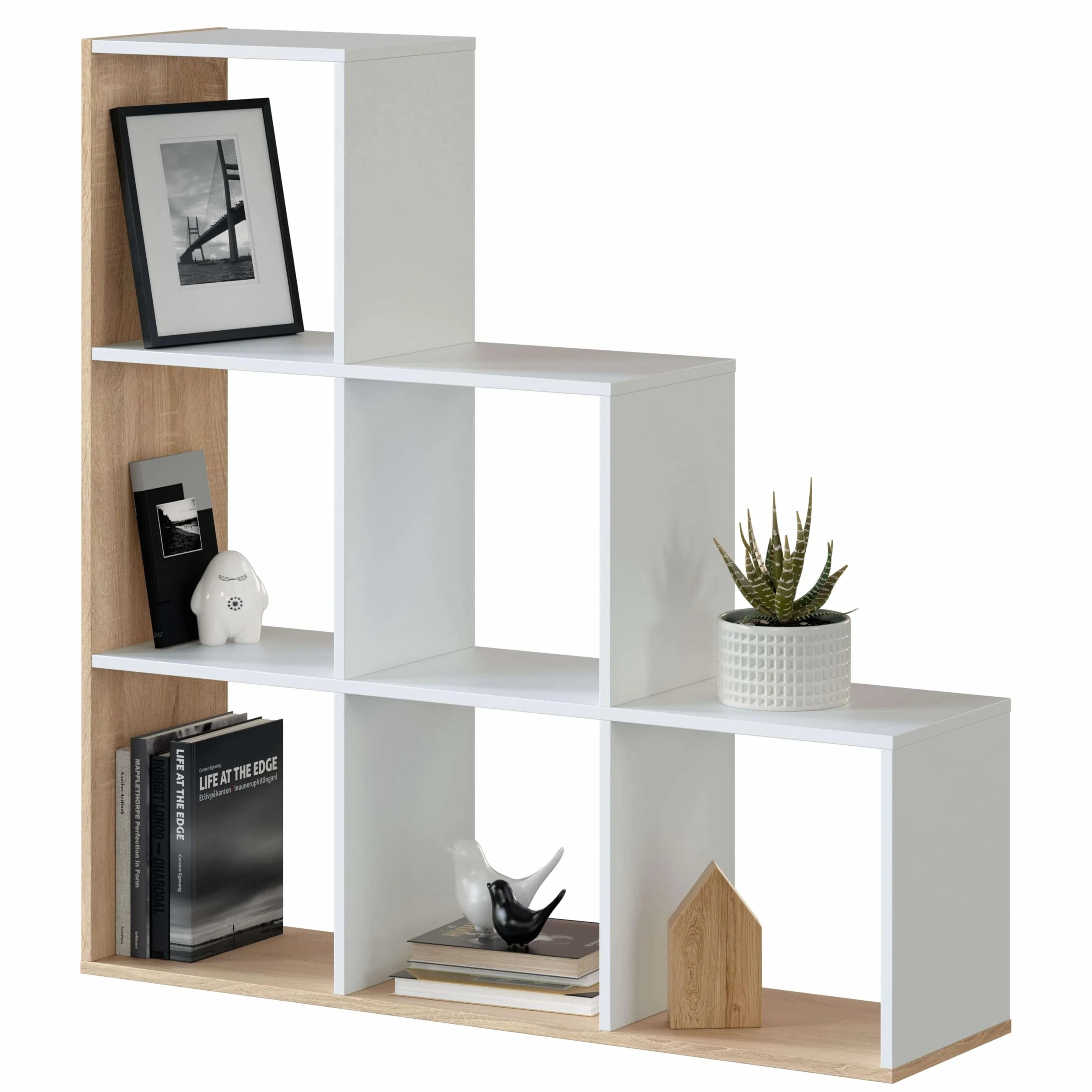 Habitdesign Estantería Librería, Salón, Comedor o Despacho, Modelo Lua, Acabado en Blanco Artik y Roble Canadian, Medidas: 110 cm (Alto) x 108 cm (Ancho) x 28 cm (Fondo)