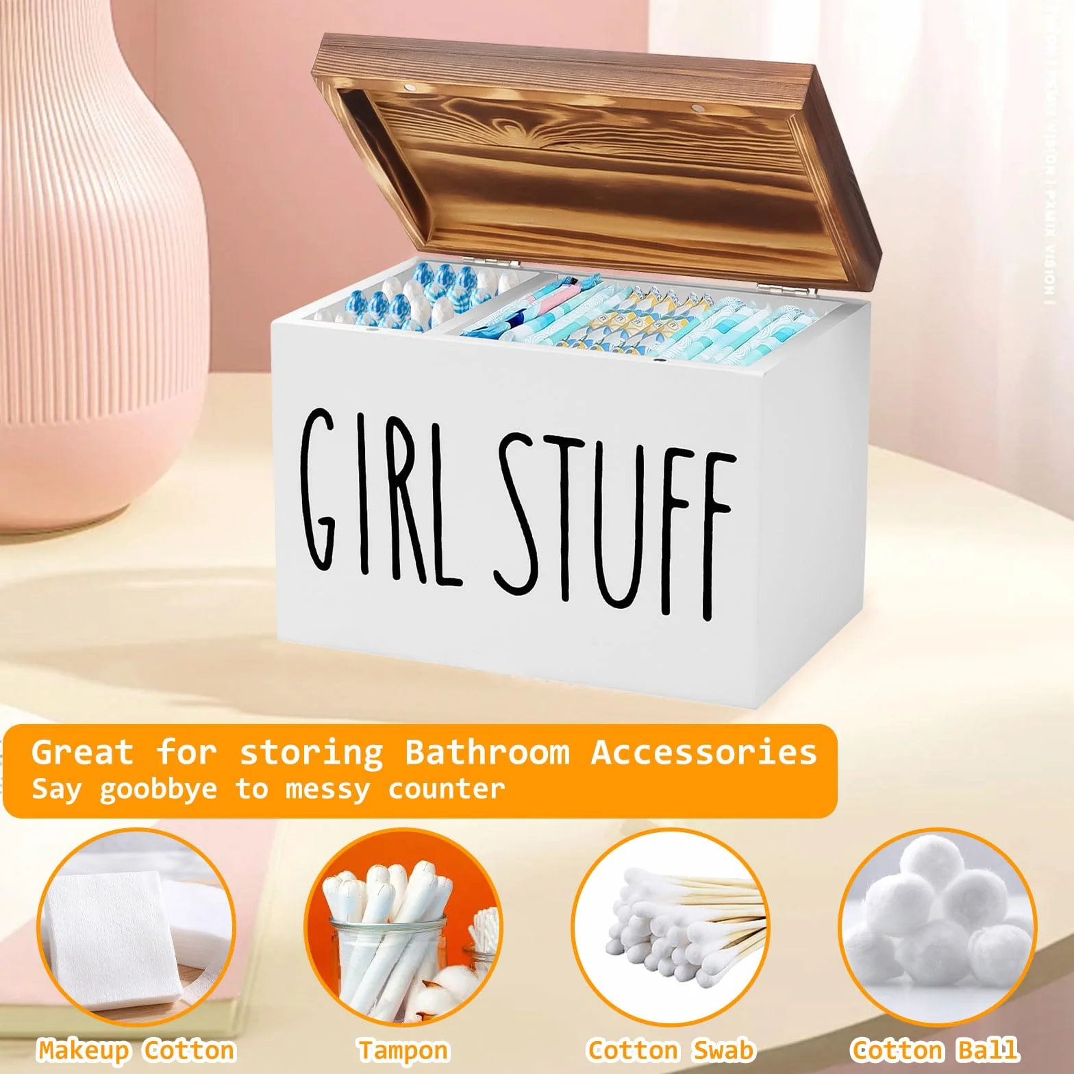 Tefola Caja de almacenamiento para baño de madera, 2 compartimentos con tapa para tampones, compresas femeninas y toallas higiénicas, organizador de artículos de higiene
