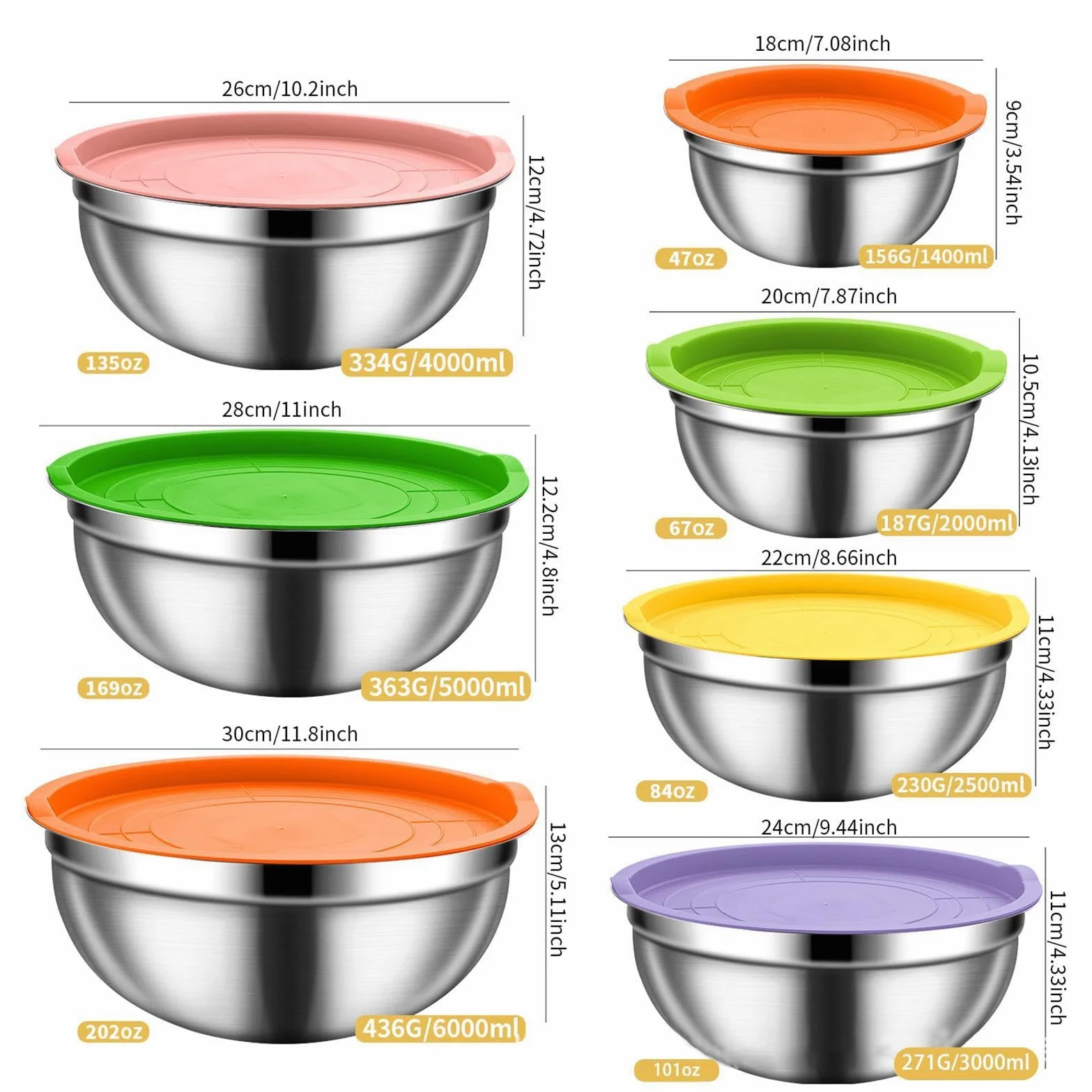 Bol para Mezclar con Tapa Herméticas de Acero Inoxidable, Juego Apilable | Ideales para Ensaladas y Preparaciones para Salsas, Cereales, Snacks, Huevos, Aderezos, Verduras, Masa