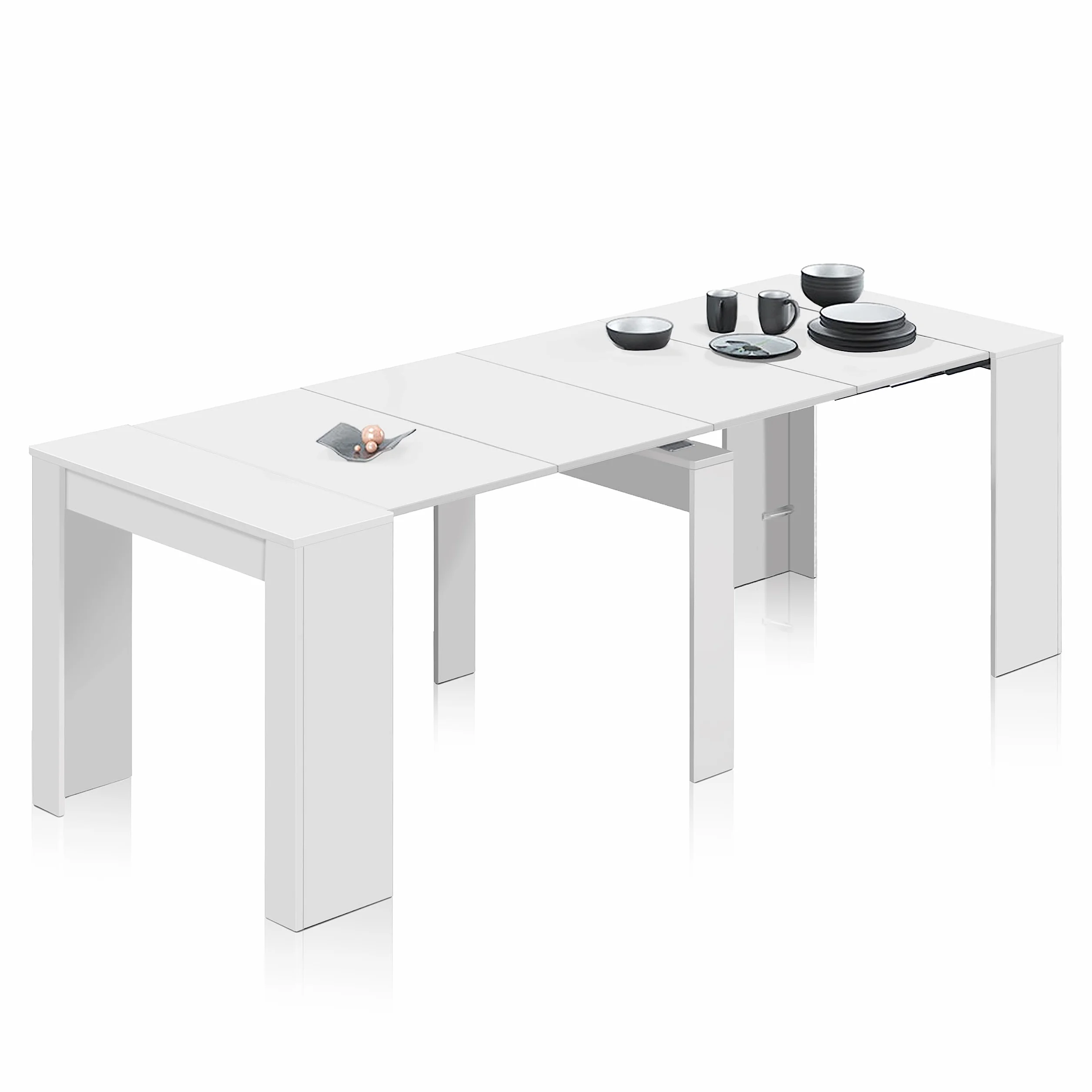 Habitdesign – Mesa Extensible para Comedor, Mesa Ampliable para Salón o Cocina - 5 Posiciones y hasta 10 Comensales - Blanco Brillo - 50-235x90x78 cm - Modelo Consola
