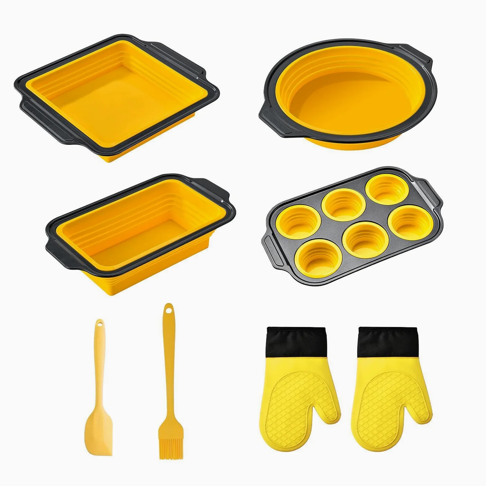 Genérico Molde de Silicona para Hornear Vajilla Flexible para Hornear | con Guante, Rasqueta y Cepillo Set Apilable Resistente al Lavavajillas, para Magdalenas, Pan, Galletas, Cupcakes, Huevos,