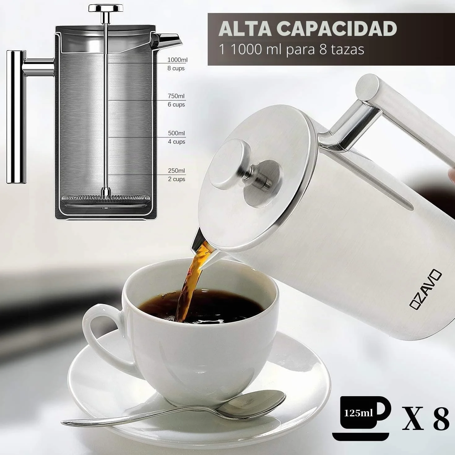 Cafetera de Émbolo Individual Prensa Francesa Acero Inoxidable 1L Plateado