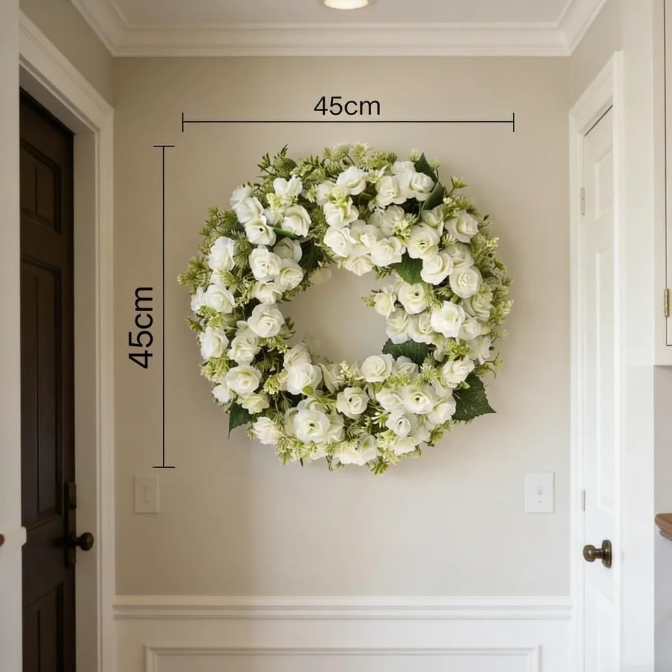 Corona de rosas con pétalos artificiales blancos y rosas para montaje en pared de puerta, primavera, verano, boda, interior y exterior (blanco)