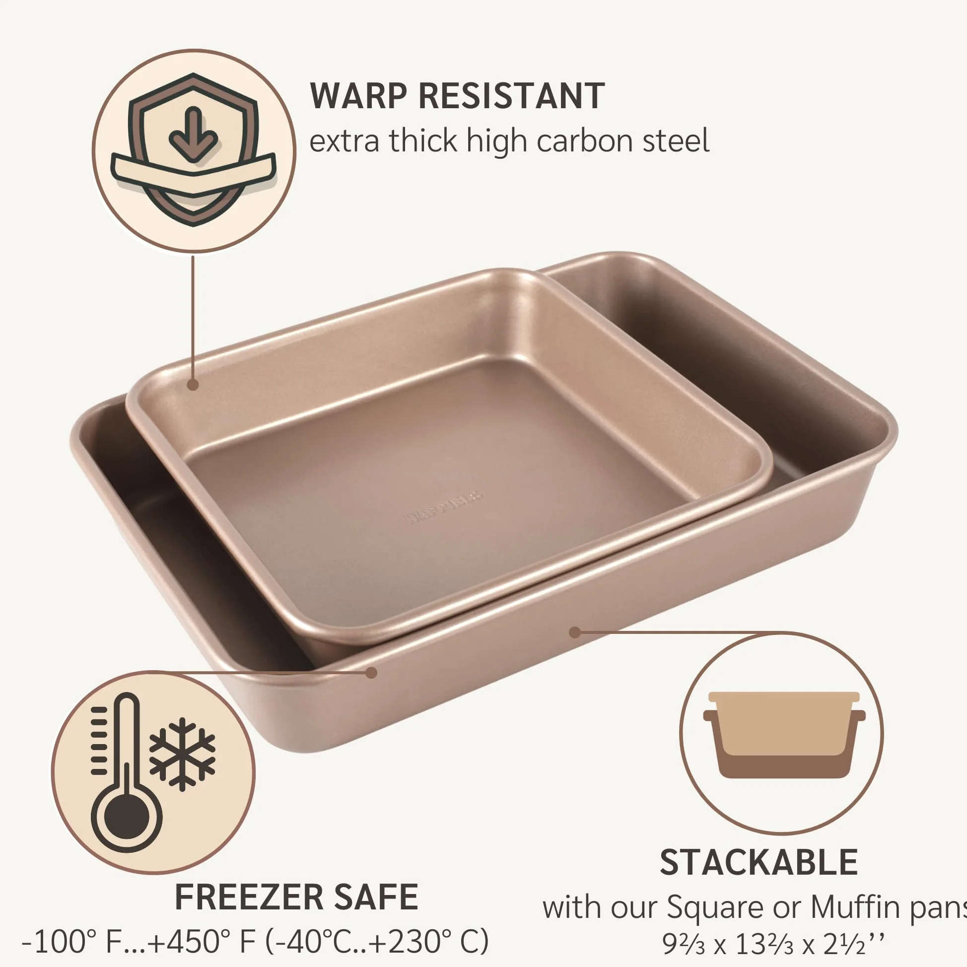 HAPPIELS Molde antiadherente para tartas de 22,9 x 33 cm, sin PFOA ni BPA | No tóxico, acero de alto carbono, dorado, sartén rectangular para horno