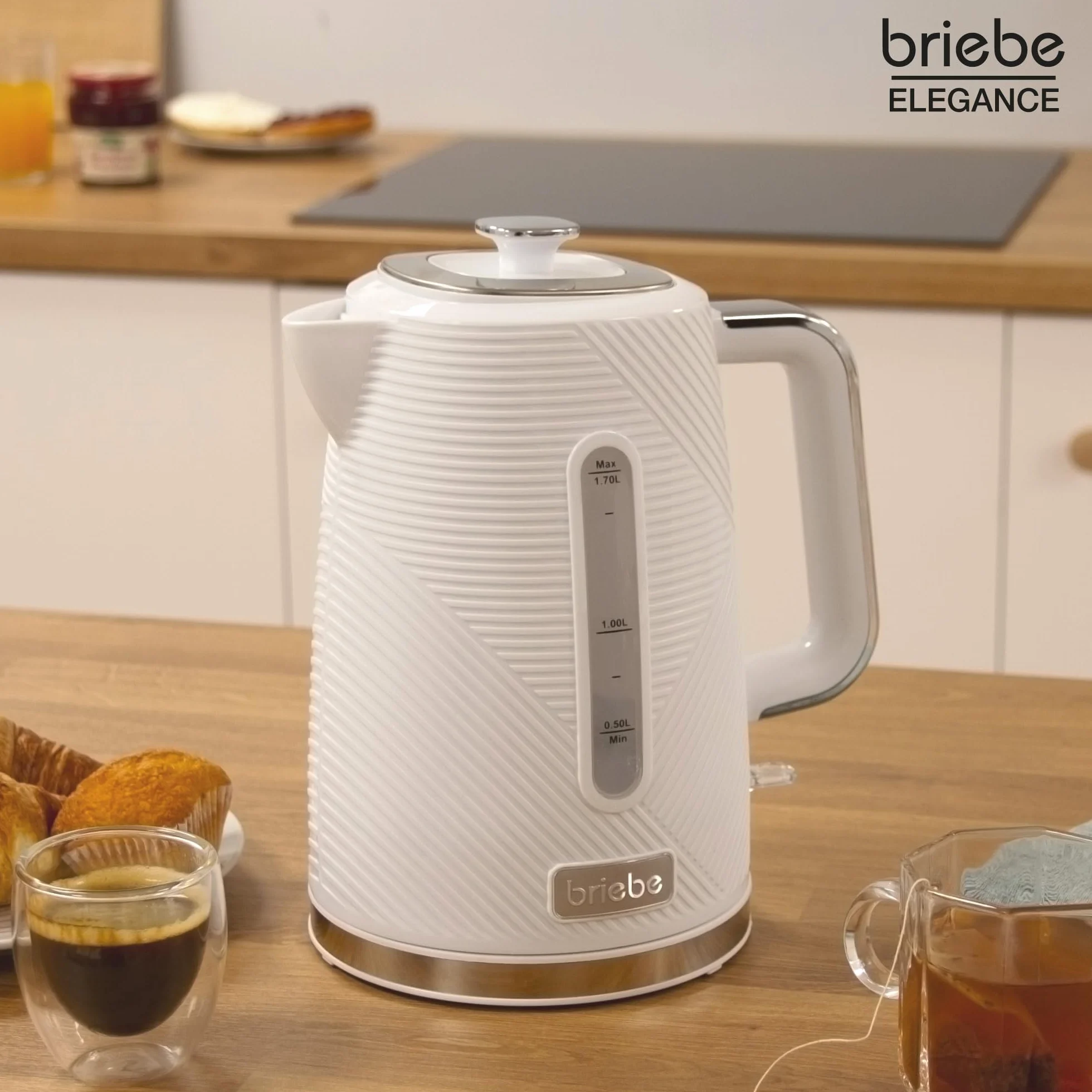 briebe Elegance Set Tostadora Pan Ranura Ancha 2 Rebanadas, 7 Niveles Tostado + Hervidor Agua Eléctrico 1,7L Inalámbrico, 2200W Ebullición Rápida, Libre BPA, Pack Desayuno Diseño Moderno Blanco