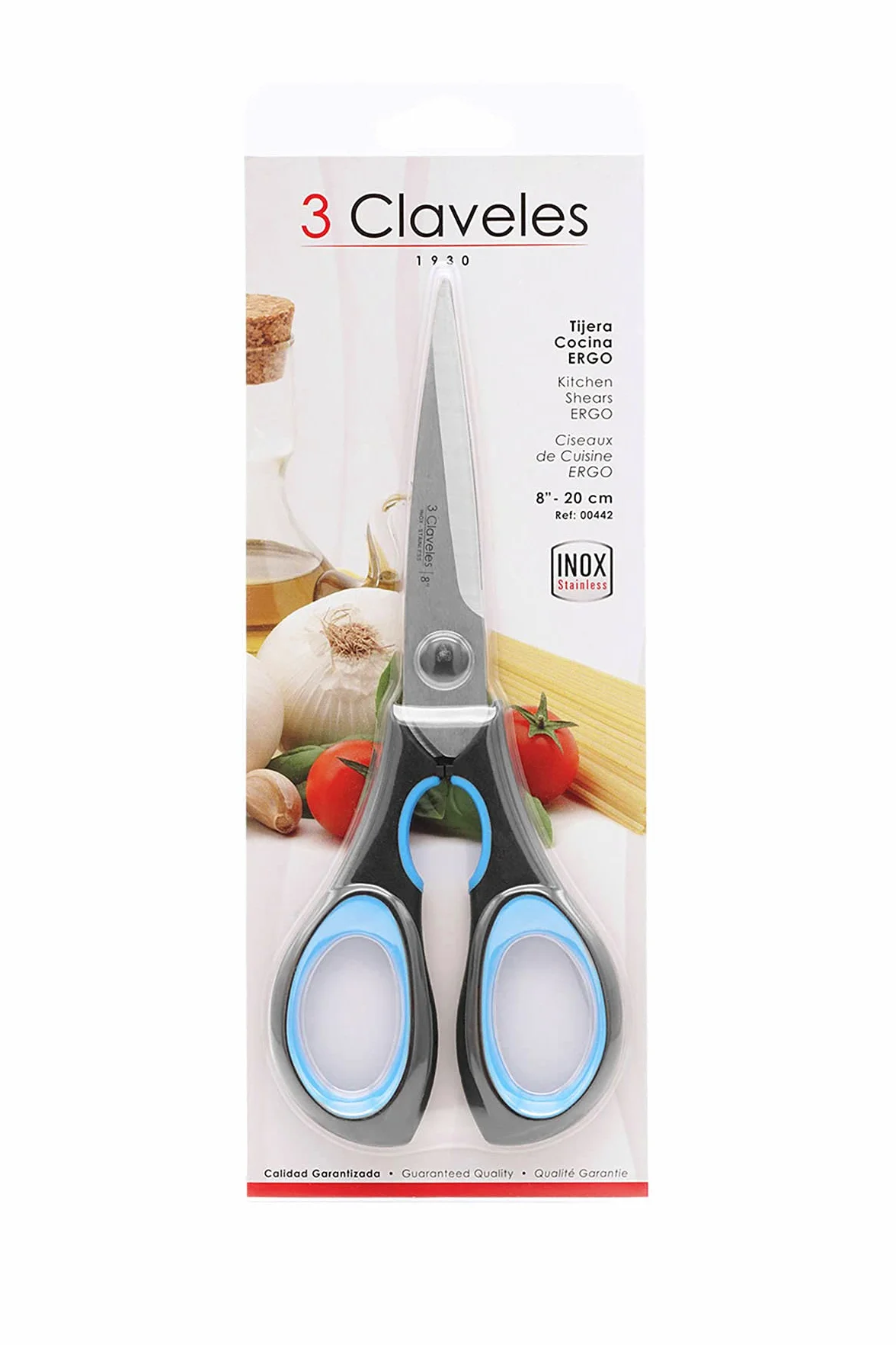 3 Claveles Ergo - Tijera de Cocina, 20 cm/8", mango negro/azul, acero inox. para cortes de alimentos, envases