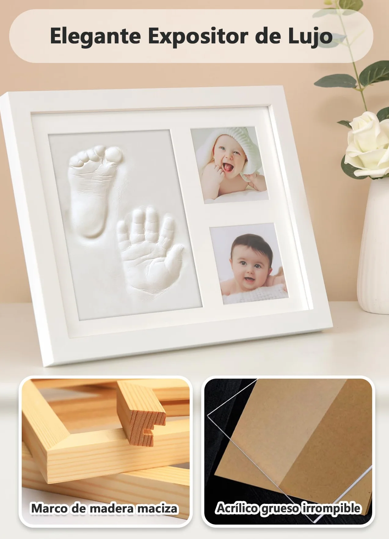 Kit de Huellas de Mano y Pie para Bebé, Arcilla Segura, Marco Personalizado, Regalo Baby Shower - Blanco