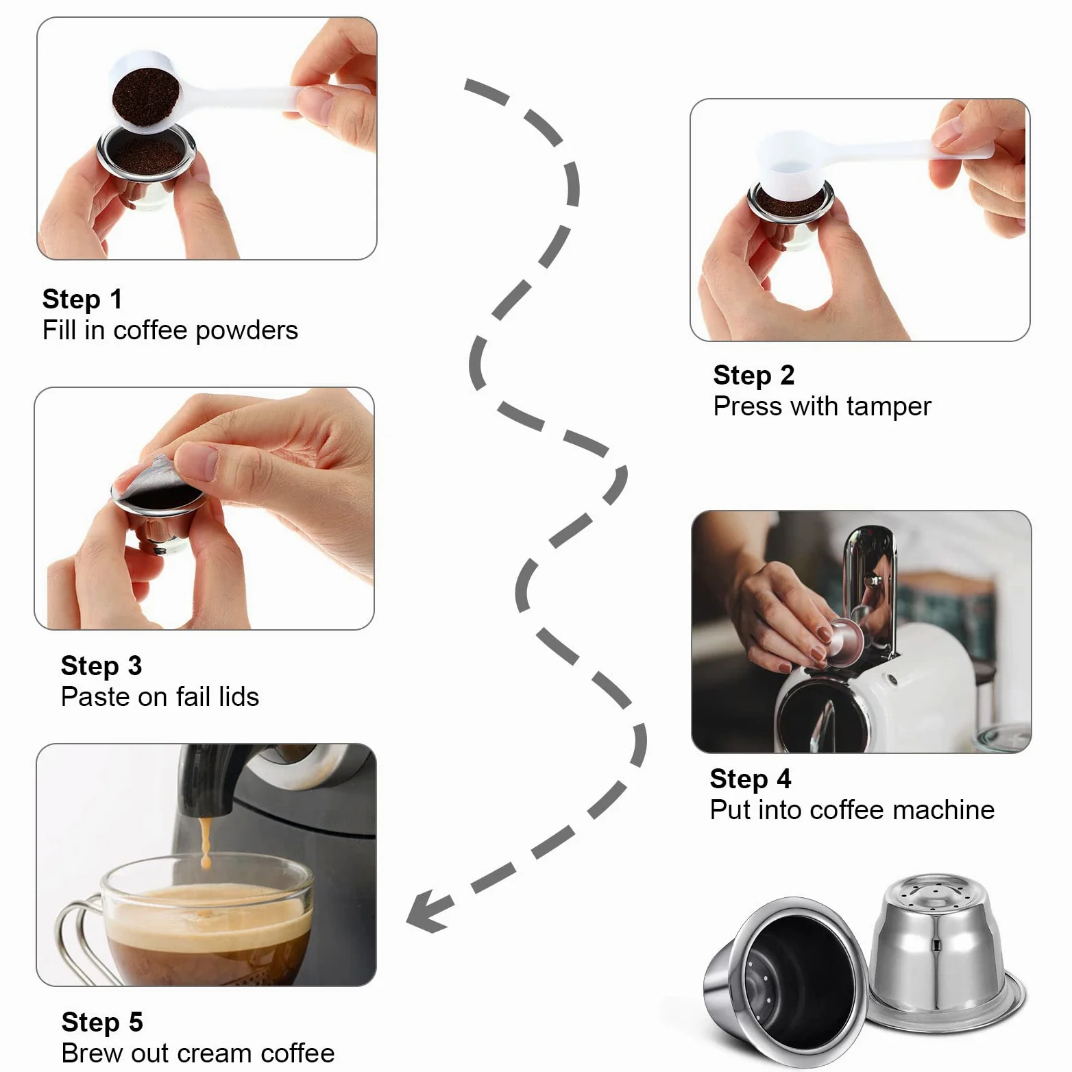 Didaey Cápsulas de café reutilizables de acero inoxidable recargables, cápsulas de café reutilizables con sellos de papel de aluminio, tapas adhesivas compatibles con máquinas Nespresso (6 tazas, 204