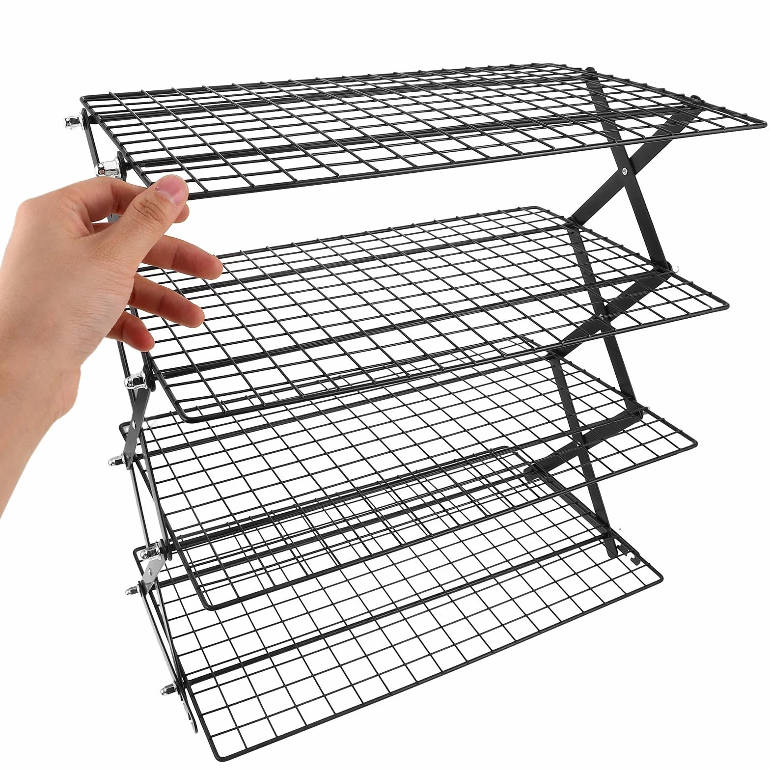 IMIKEYA Rejilla de Enfriamiento de Pan de Hierro Negro, 4 Niveles | Apilable, Plegable, Superficie de Malla, para Galletas y Cocina Profesional