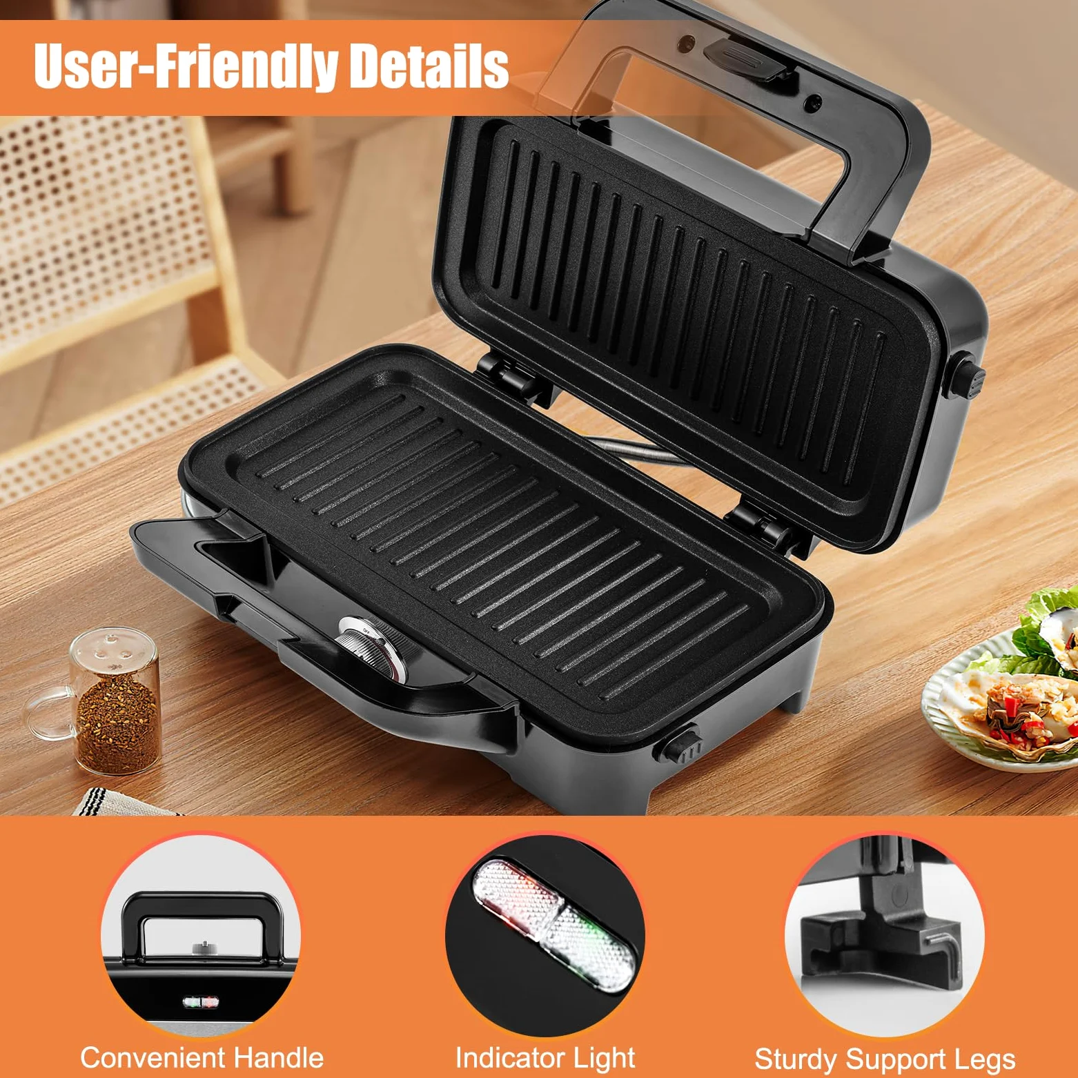 SOARS Sandwichera 3 en 1, 1200 W, máquina eléctrica Panini | 5 temperaturas ajustables, doble cara, parrilla extraíble y lavable, antisobrecalentamiento, color negro