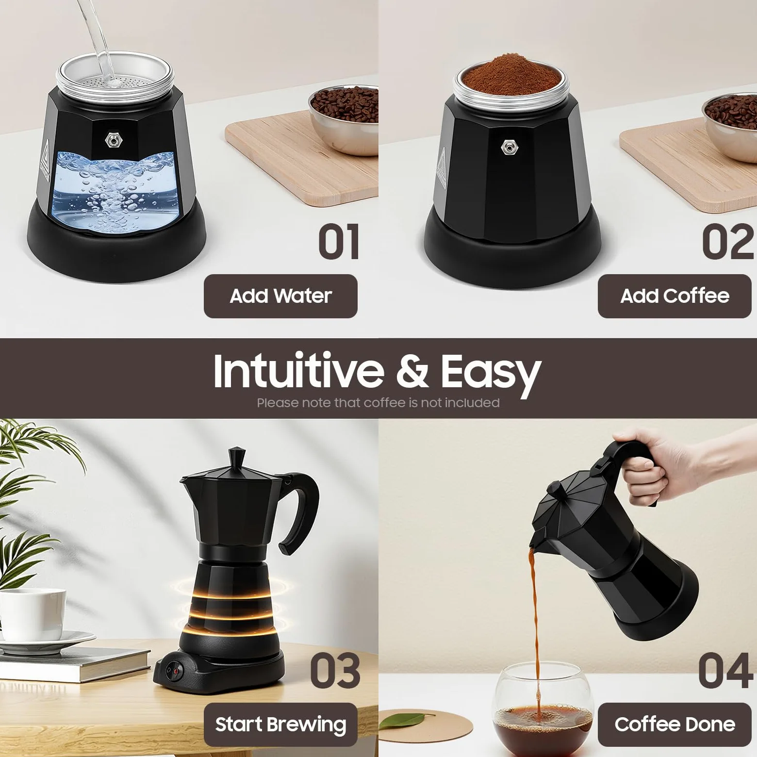 Cafetera moka, máquina de café expreso eléctrica portátil en negro, 480 W, con válvula de seguridad y estructura resistente al calor, pequeña cafetera de mesa para café expreso italiano en