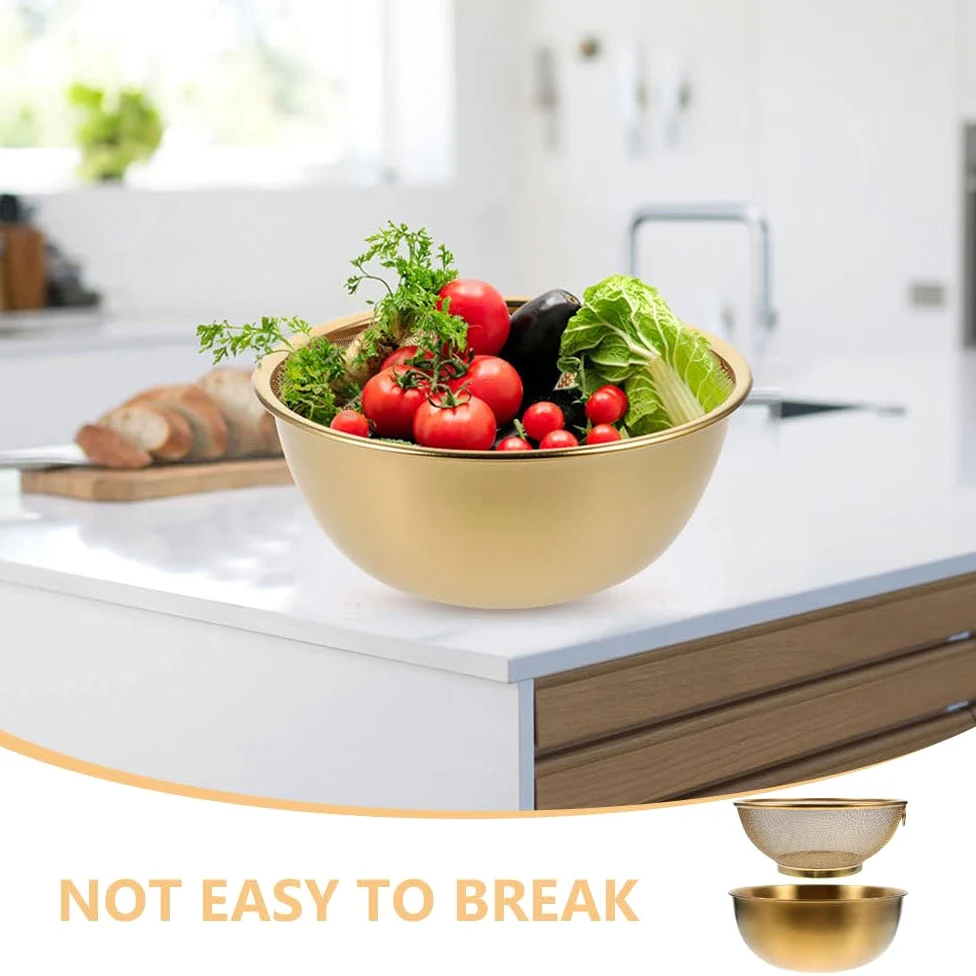 Cabilock Colador de acero inoxidable dorado de 24 cm con malla fina, cesta escurridora redonda para lavar y escurrir arroz, frutas, verduras y pastas, tamiz de cocina para fregadero y preparación