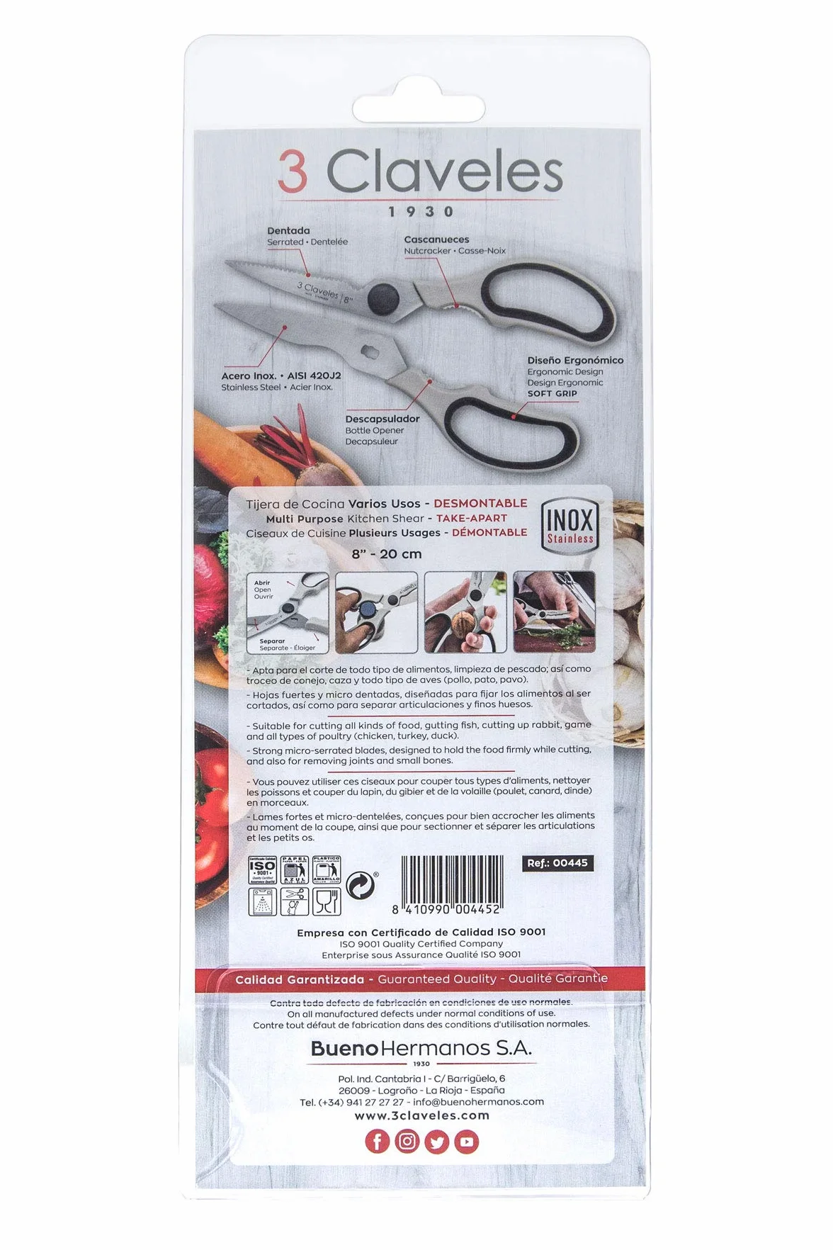 3 Claveles Tijera cocina multiusos desmontable filo microdentado Tijeras profesionales con descapsulador cascanueces ergonómicas accesorio de cocina de 20 cm 8", Blanco, Varios Usos Desmontable