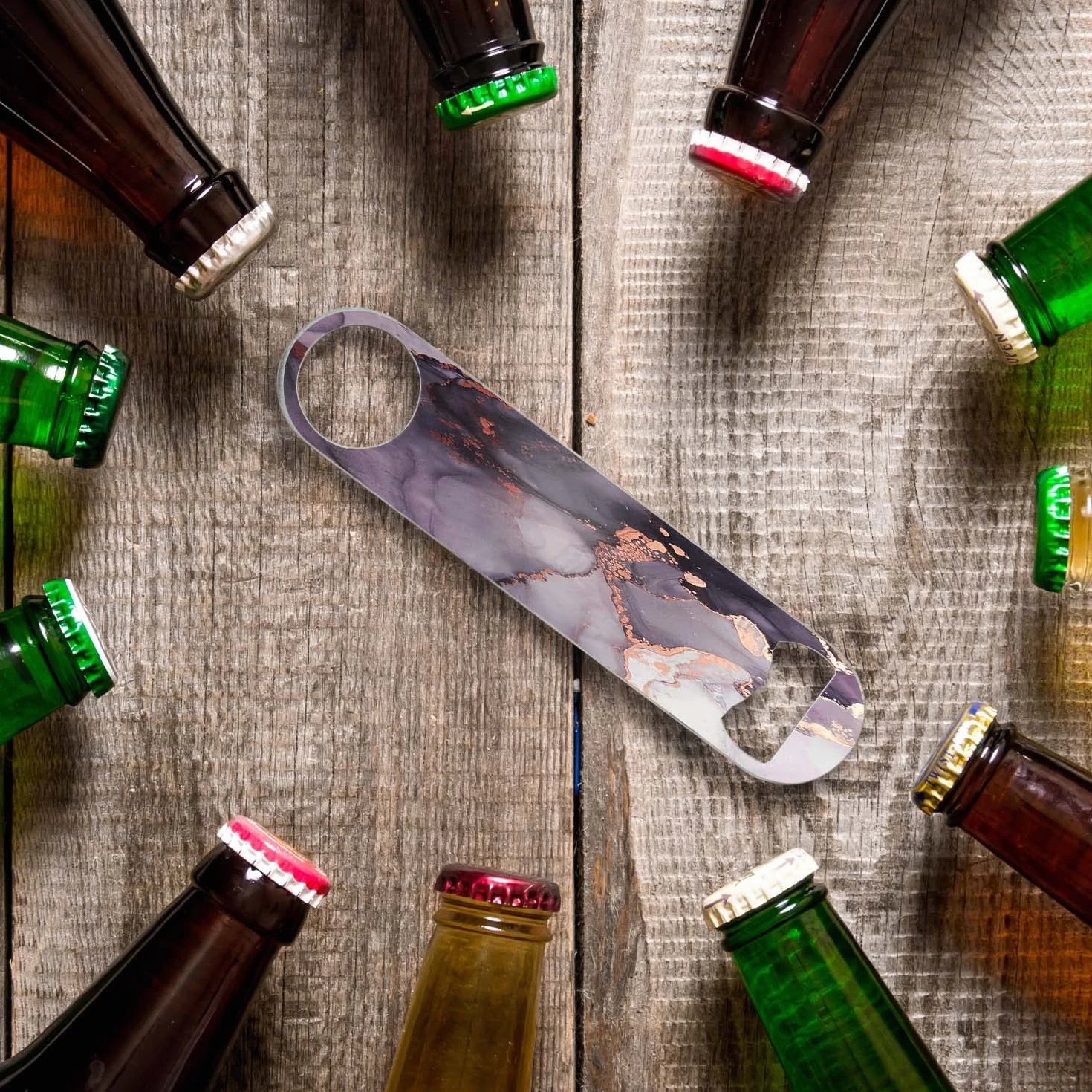 Abridor de botellas plano resistente para camarero, abridor de botellas de cerveza de acero inoxidable, 7 pulgadas, mármol gris y negro