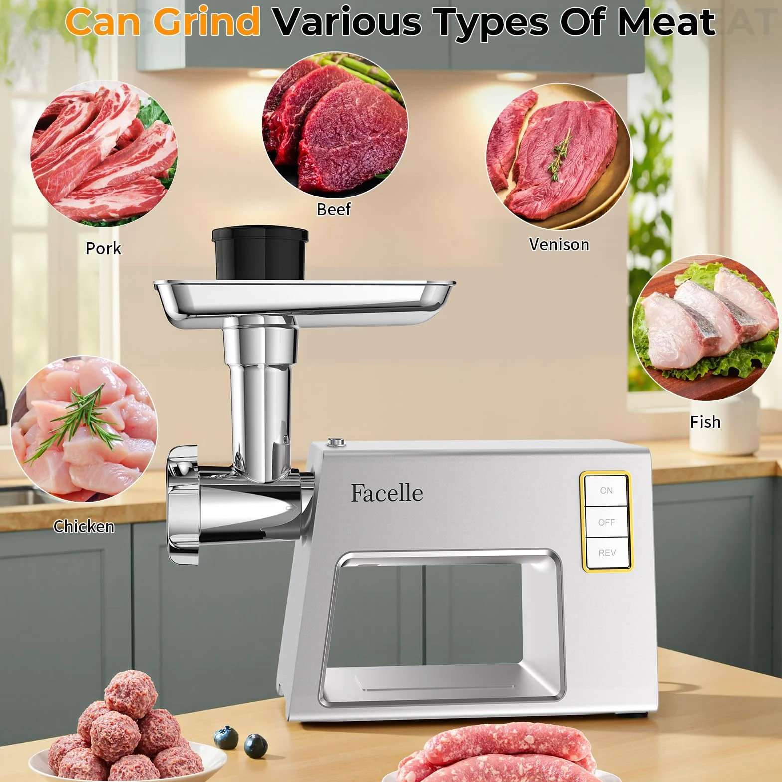 Facelle Picadora Electrica de Carne, 2000W Picadora Carne, cuchillas de acero inoxidable y 3 placas de corte, Accesorios para KEBBE y SALCHICHAS, picadora de alimentos para hamburguesas, kibbeh