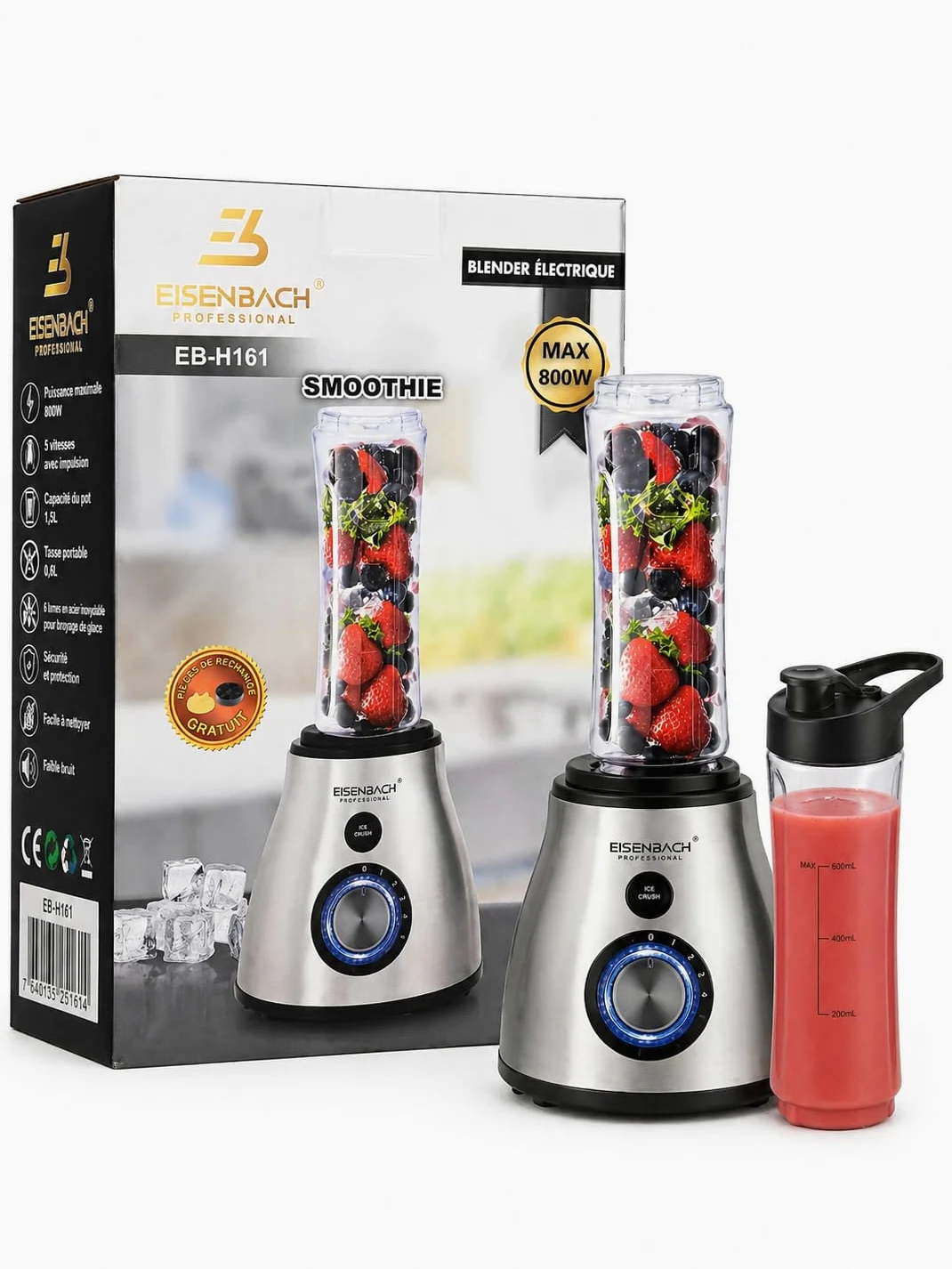 Licuadora Eléctrica Profesional 3 en 1 800W, Vaso de Vidrio 1.5L, Molinillo para Café y Especias, Botella Portátil 600 ml, 5 Velocidades + Función Ice Crush, 220-240V 50/60Hz