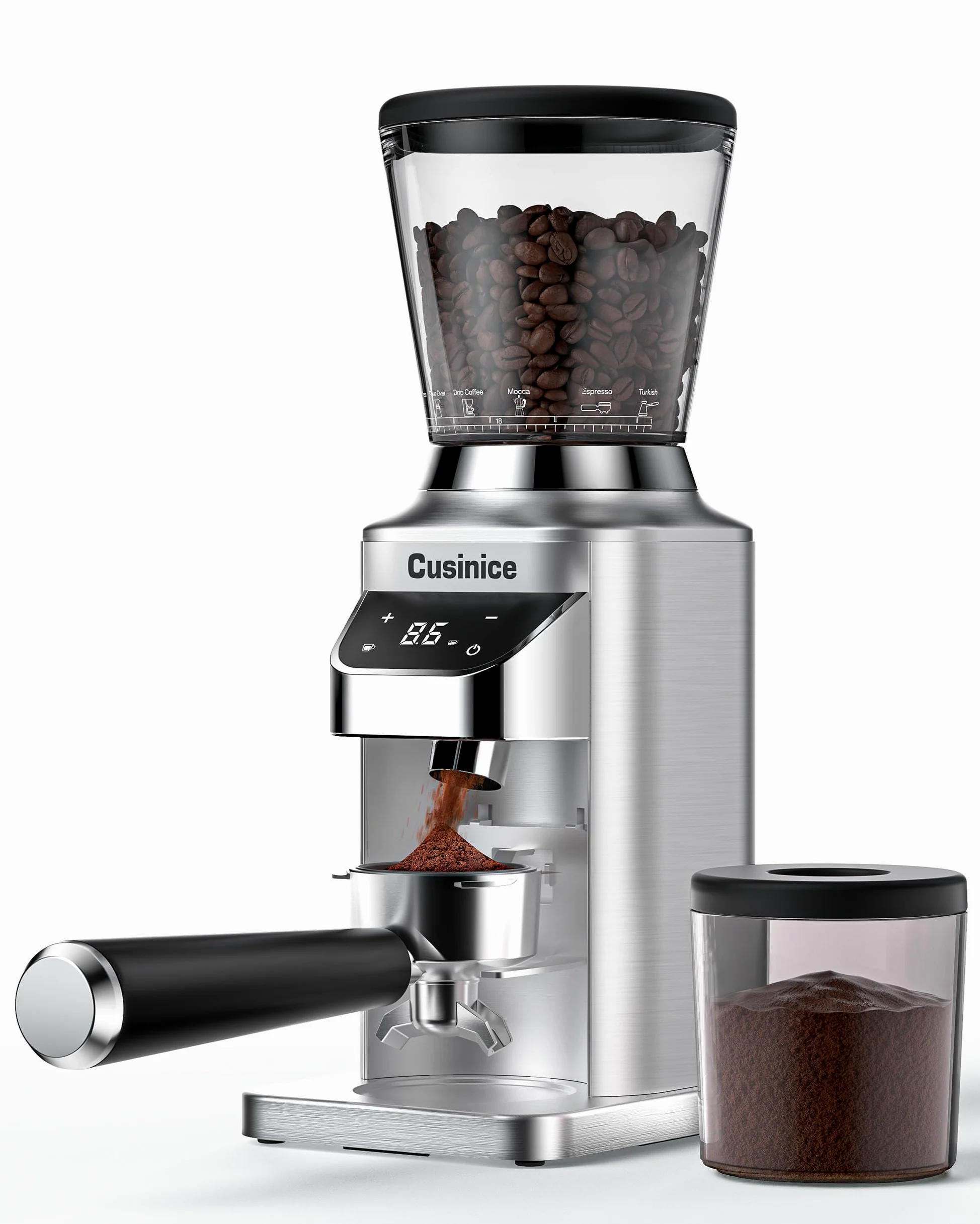 Molinillo de café expreso, 48 ajustes de molienda precisos, rebaba antiestática de acero inoxidable de 40 mm, temporizador electrónico de 0.1 s, tolva de granos de 11.5 onzas, molinillo de café cónico