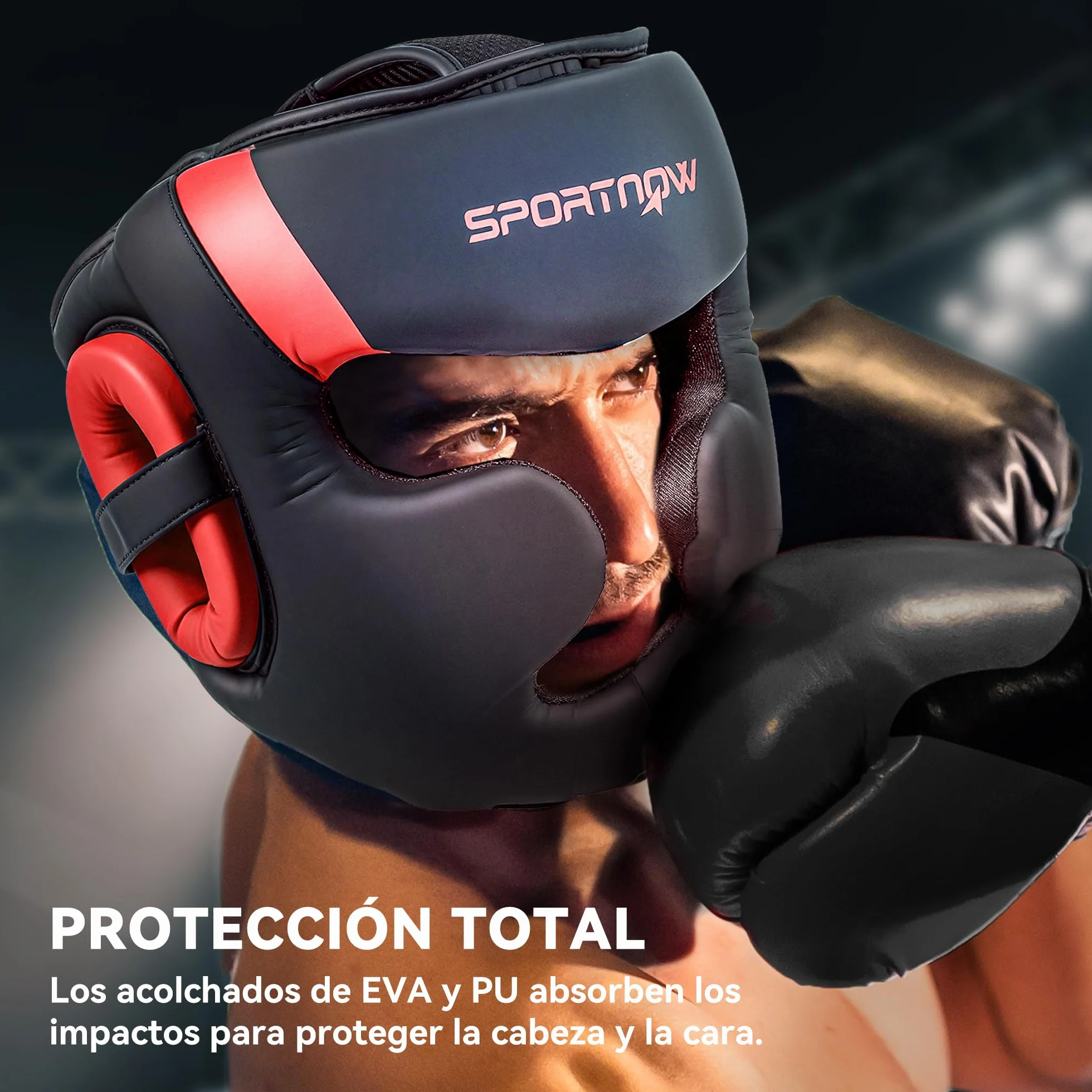 SPORTNOW Casco de Boxeo MMA con Correa Ajustable Protector de Cabeza Talla L Rojo y Negro