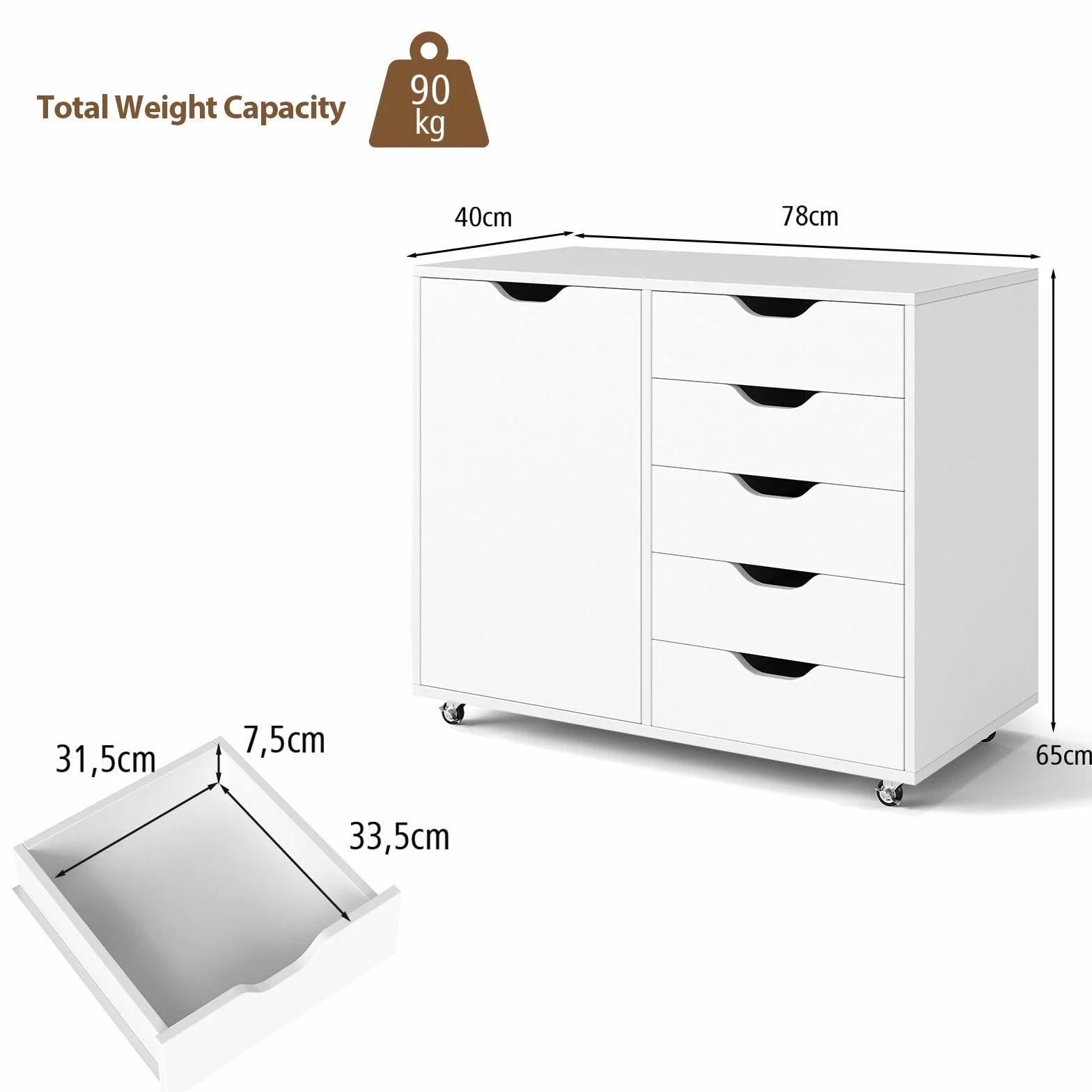 KOMFOTTEU Archivador Móvil con 5 Cajones y Puertas, Armario de Almacenamiento con 5 Ruedas, Cajonera de Madera, Mueble Auxiliar para Oficina, Soporte para Impresora, 79 x 39 x 65 cm, Blanco