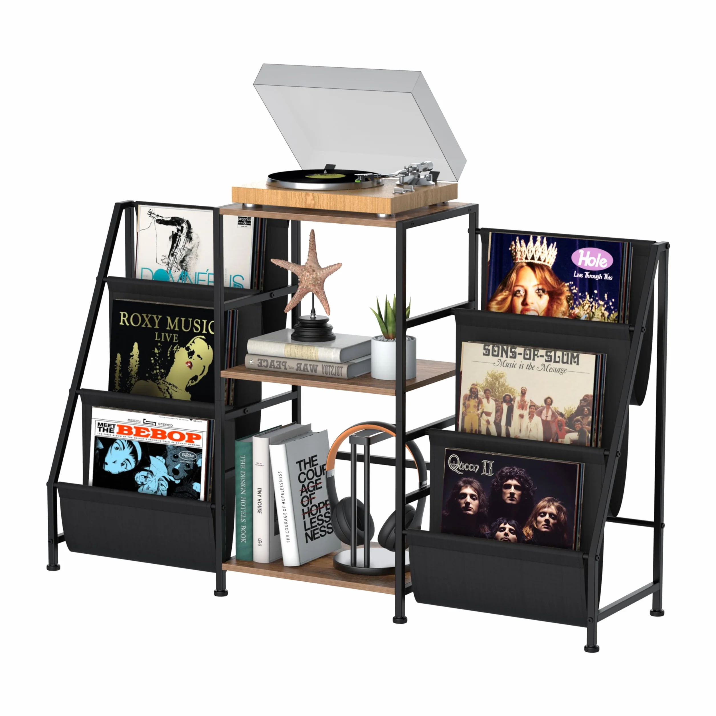 VEDECASA Estantería de libros mesa auxiliar con estante de 3 niveles para vinilos, soporte para discos de vinilo para sala de estar, mesa auxiliar con reproductor de vinilos para hasta 200 álbumes