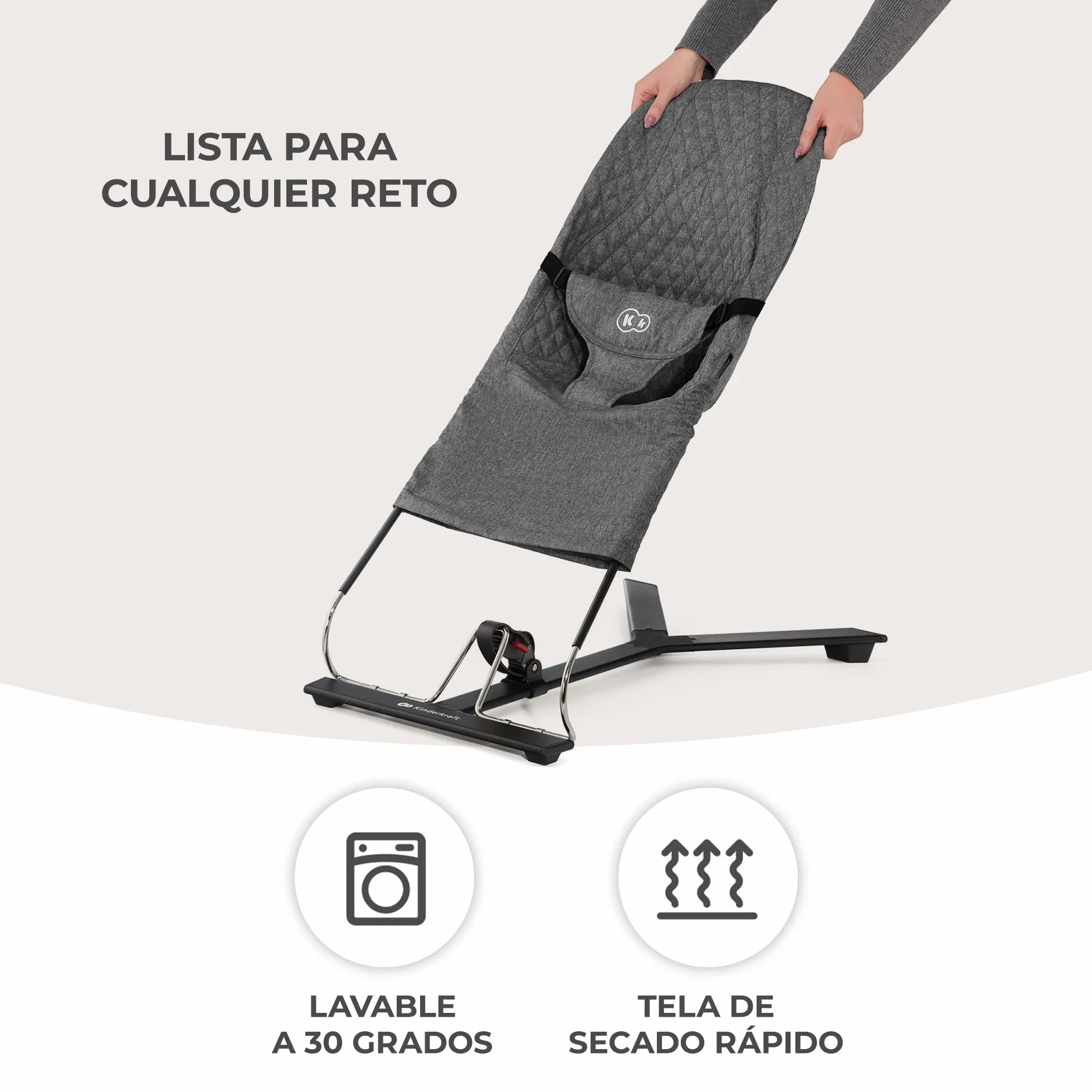 Kinderkraft MIMI Hamaca bebé Balancin 0-9 kg Plegado Compacto Reclinable una mano Movimiento natural Arco juguetes Beige