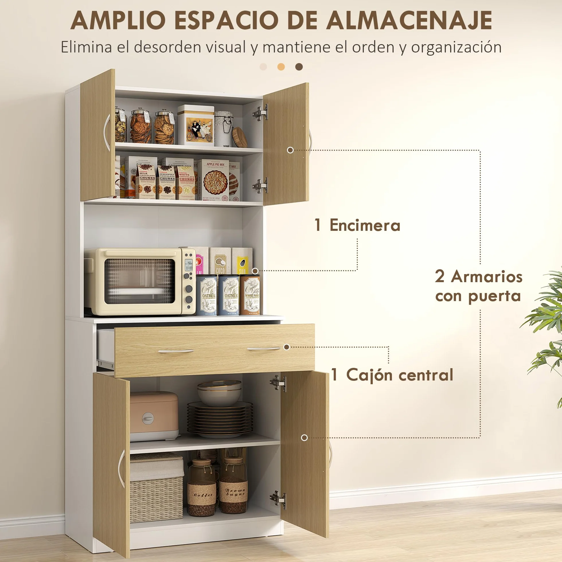 HOMCOM Alacena de Cocina Mueble Auxiliar de Cocina con Puertas Cajón y Estantes Ajustables Antivuelco para Comedor Salón 80x40x180 cm Natural y Blanco