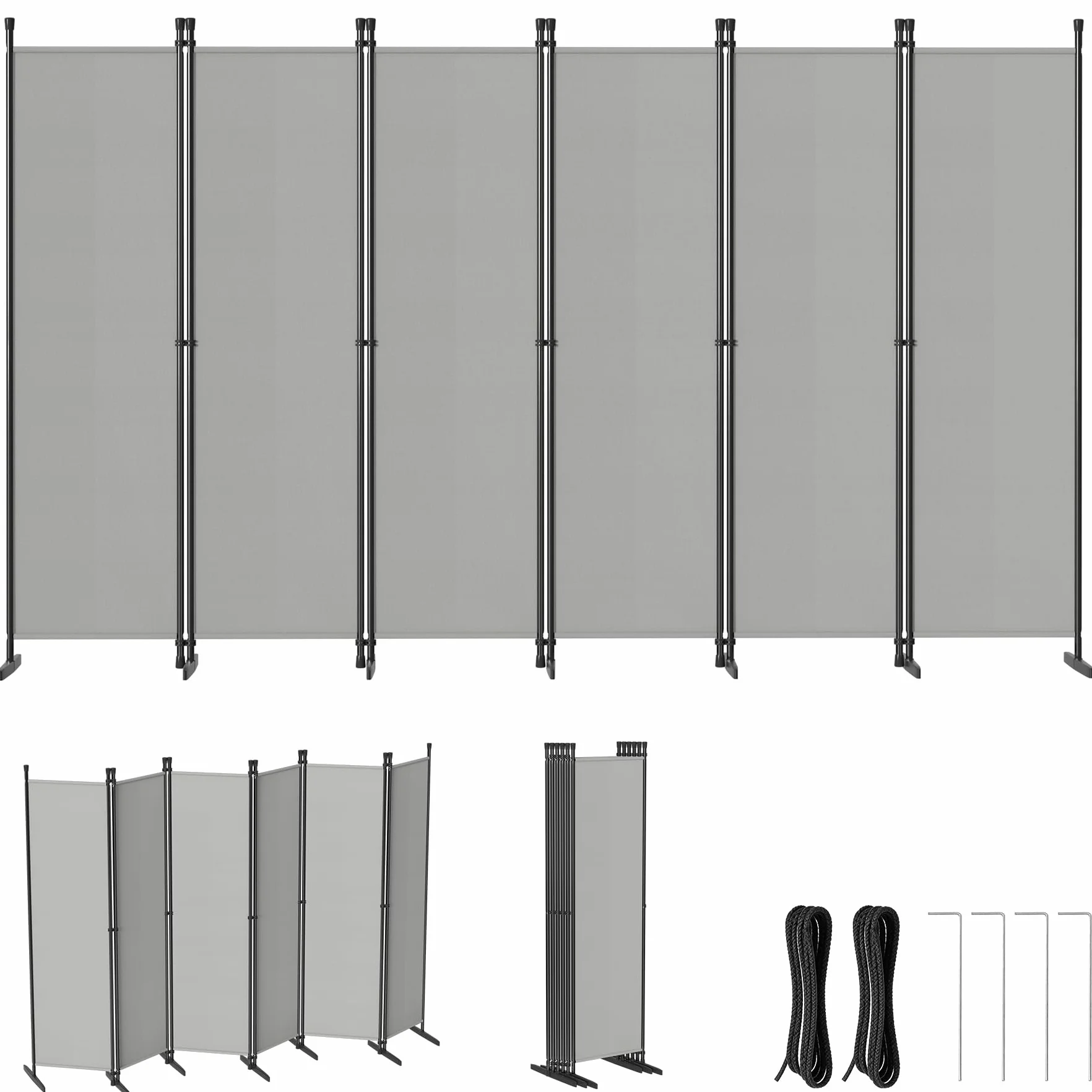 Froadp Biombo separador de habitaciones, 6 piezas, plegable, 300 x 180 cm, flexible, protección visual con clavos y cuerdas, para salón, oficina, jardín, balcón, gris claro