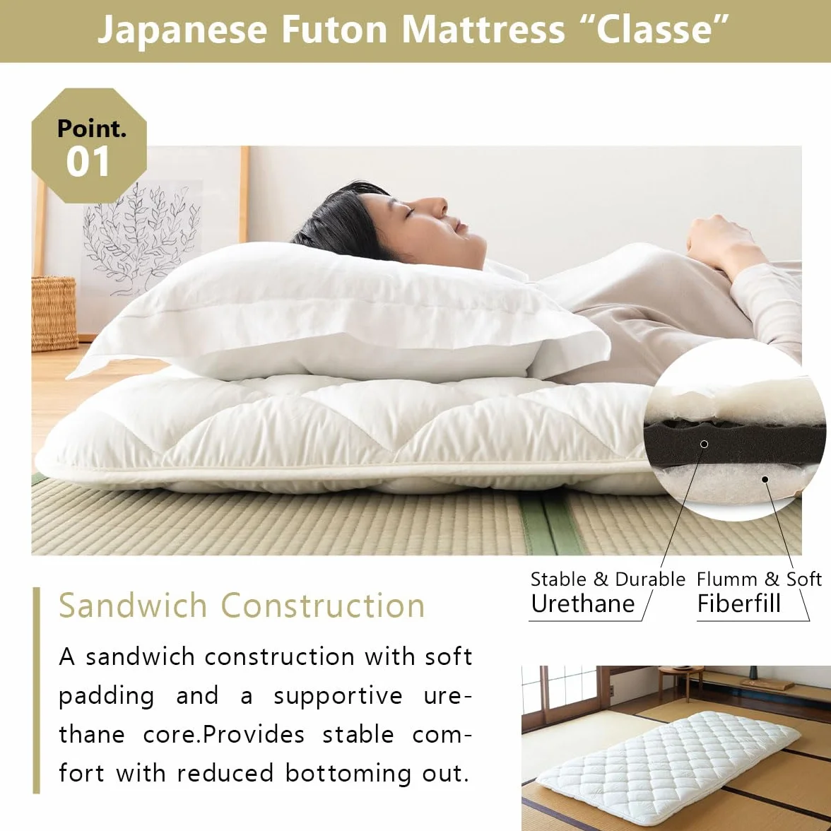 EMOOR Conjunto de Colchón Futón Japonés y Tatami Plegable Premium CLASSE 100 x 200 cm, Tapete para Piso Sikibuton Igusa Natural