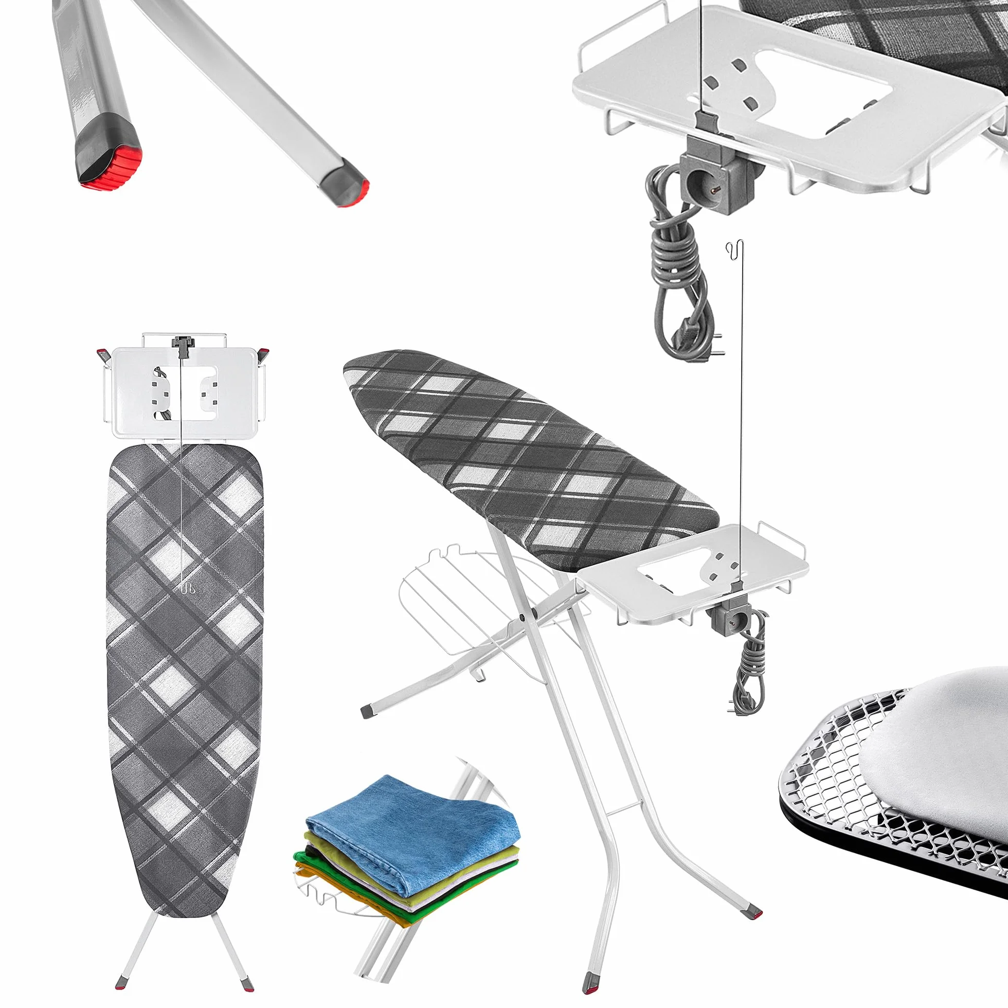 KADAX tabla plegable, 120 x 38 cm, con enchufe y pies antideslizantes, altura ajustable, bandeja para plancha (planchar)