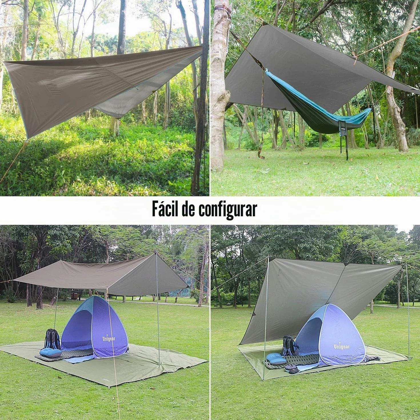 Unigear Tarp Impermeable 3x3 3x4 3x5 4x4 Lona para Hamaca con Ojales, Protección contra Lluvia y Solar para Camping