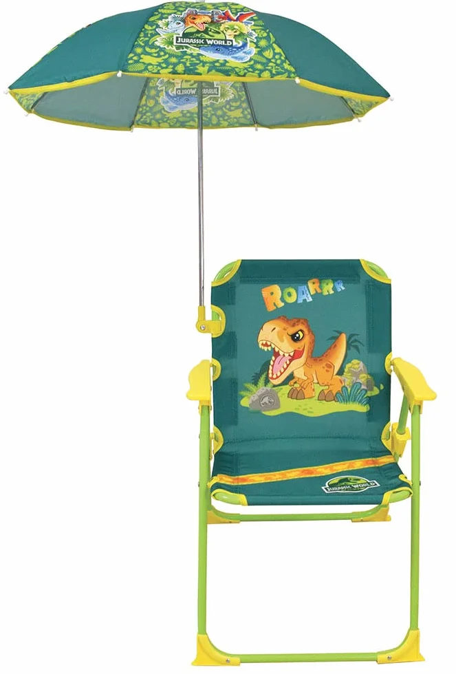 Fun House Infantil Jurassic World 713465 Silla Plegable Camping Dinosaurios Dimensiones: H.38,5 XL.38,5 x P.37,5 cm + Parasol Ø 65 cm, Multicolor