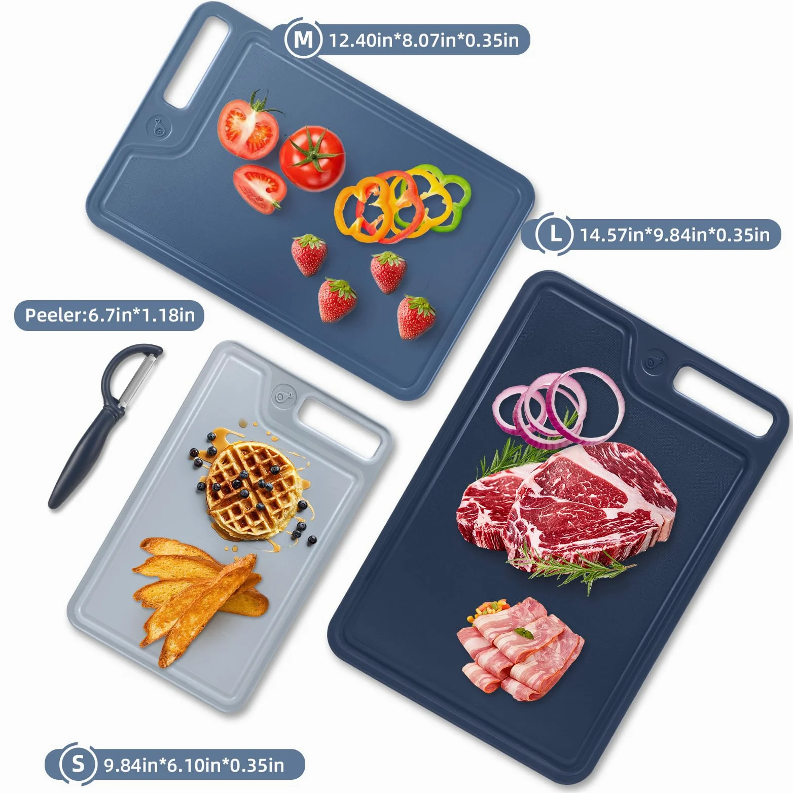 Juego de 4 tablas de cortar de plástico para cocina, aptas para lavavajillas, seguridad alimentaria, diseño antideslizante, ideal para preparación de carne y verduras