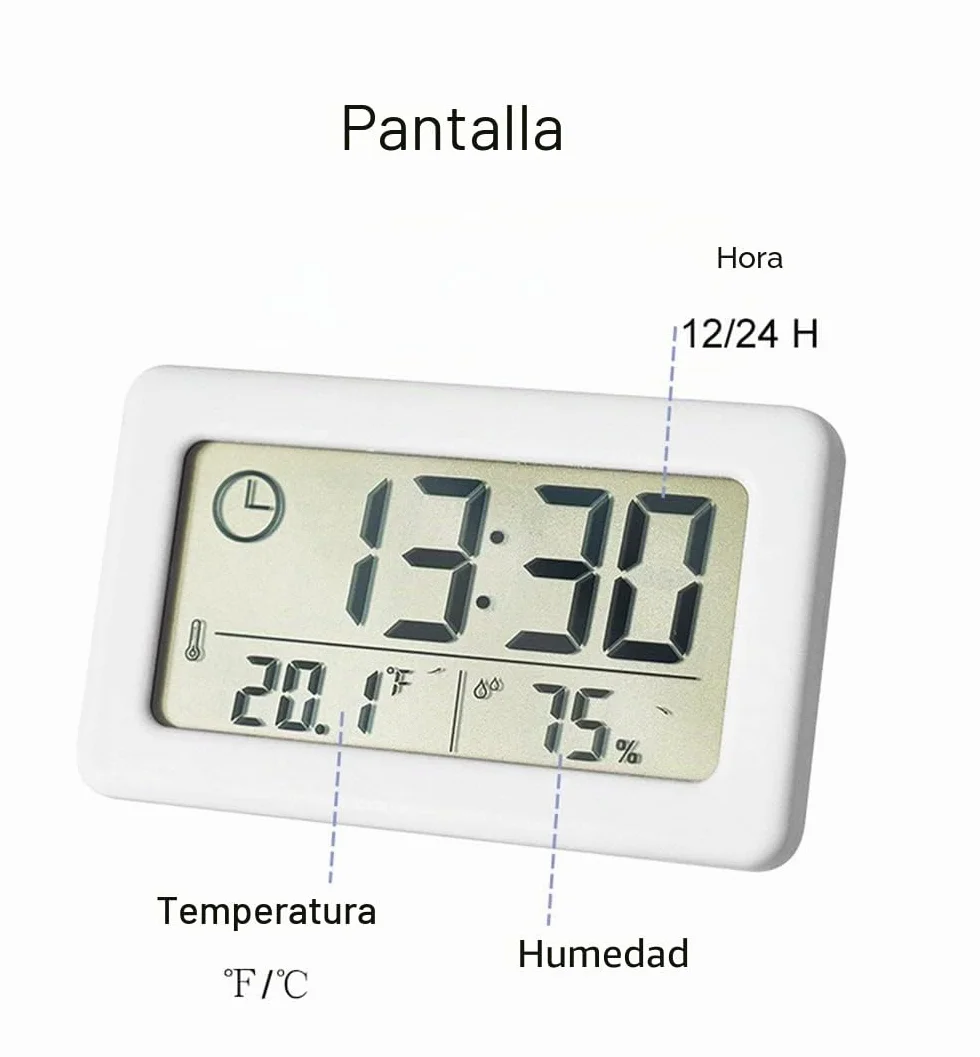 Termómetro Higrómetro Electrónico, Pequeño Reloj con Temperatura Humedad ℃/℉ Interruptor Batería Pantalla LCD 12/24 Horas Colgado Pie para Hogar Dormitorio