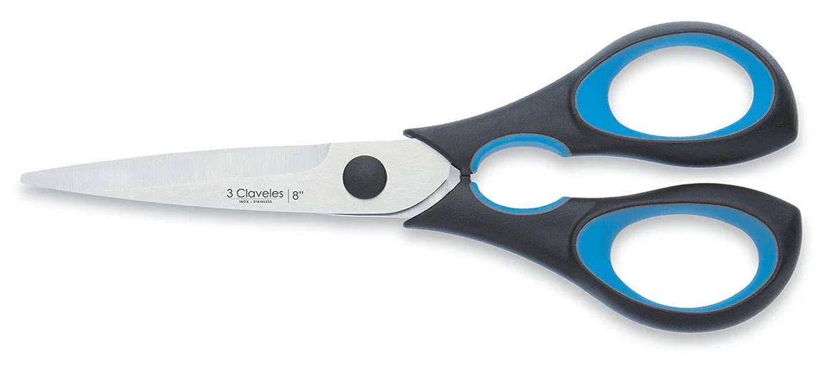 3 Claveles Ergo - Tijera de Cocina, 20 cm/8", mango negro/azul, acero inox. para cortes de alimentos, envases