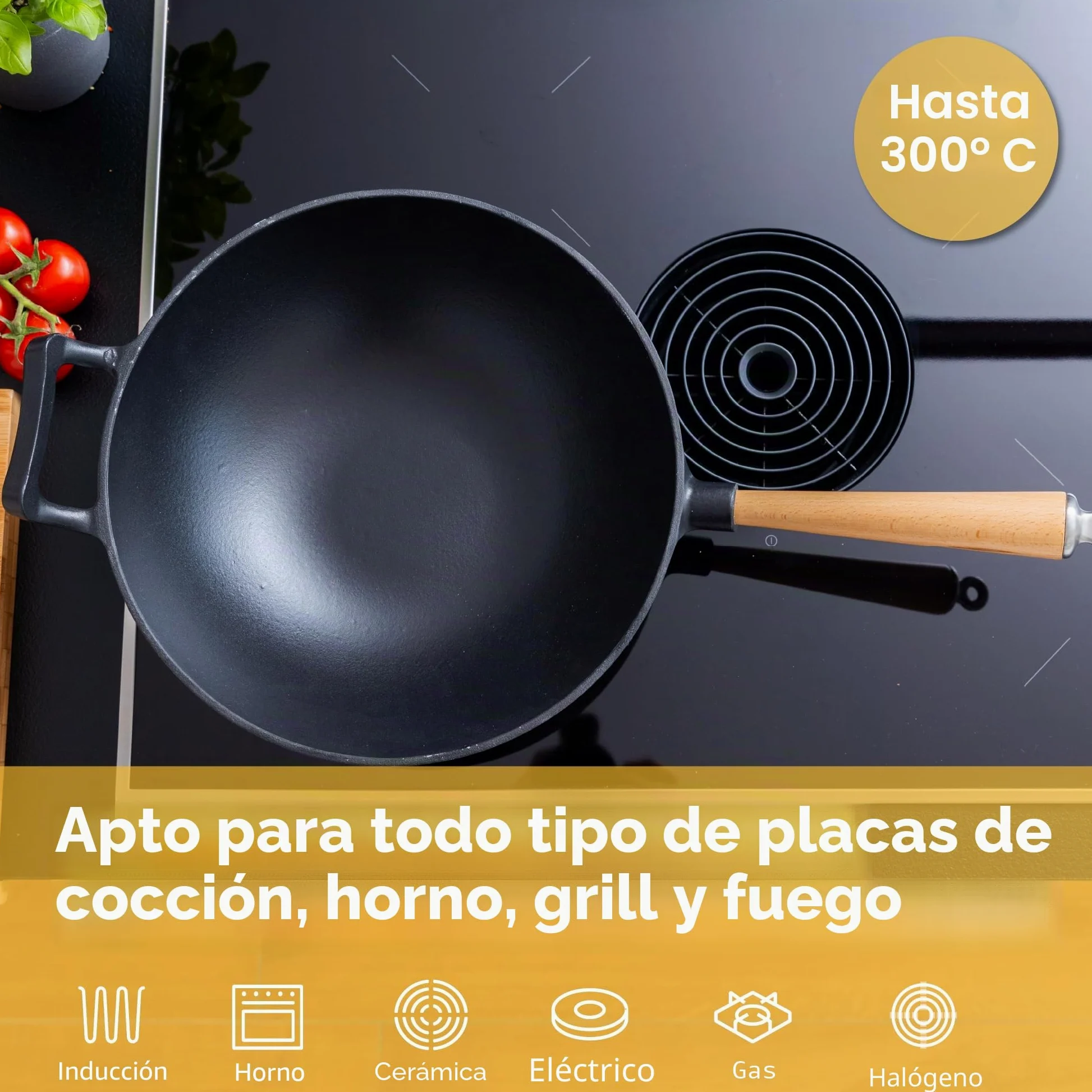 Wok de hierro fundido con revestimiento esmaltado, sartén antiadherente con mango de madera desmontable, utensilios de cocina, sartén de hierro fundido, wok antiadherente, 28 cm de diámetro