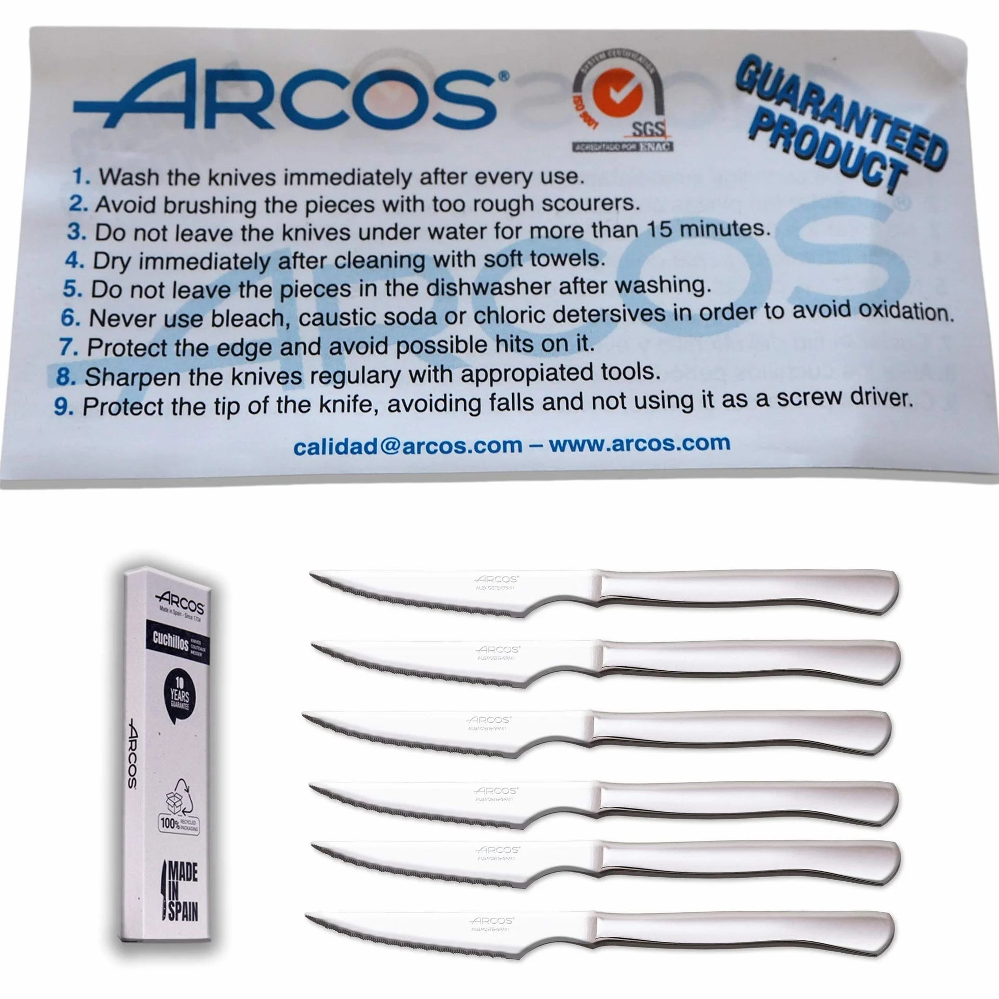 Arcos Juego Cuchillos Carne | 6 Piezas | Cuchillos carne cuchillo chuleteros | cubiertos acero inoxidable | Hoja 110 mm | mango monobloque | aptos lavavajillas | Caja Envase Ecológico