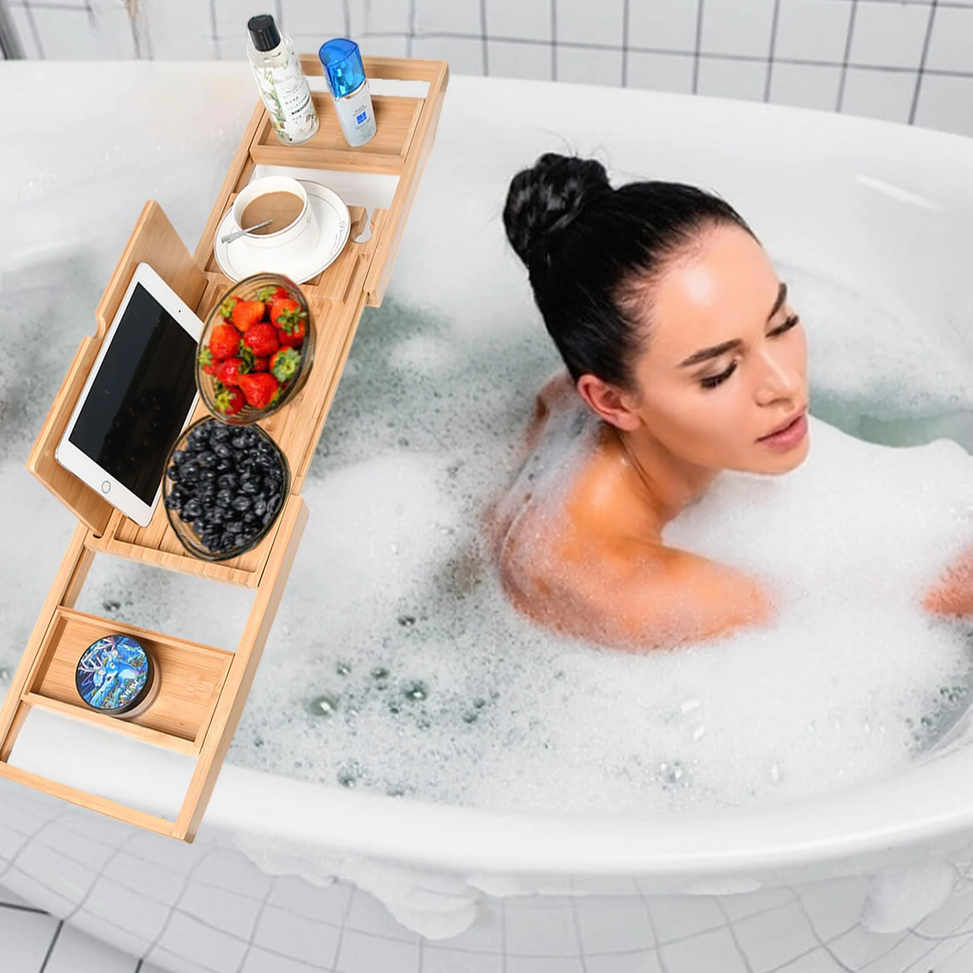 Bandejas de Baño, Bandeja para Bañera Extensible, Bandeja de Bambú para Bañera, Bandeja de Bañera de Madera con Ranura para Copas de Vino, Rejilla para Tableta y Bandeja de Bambú Extraíble