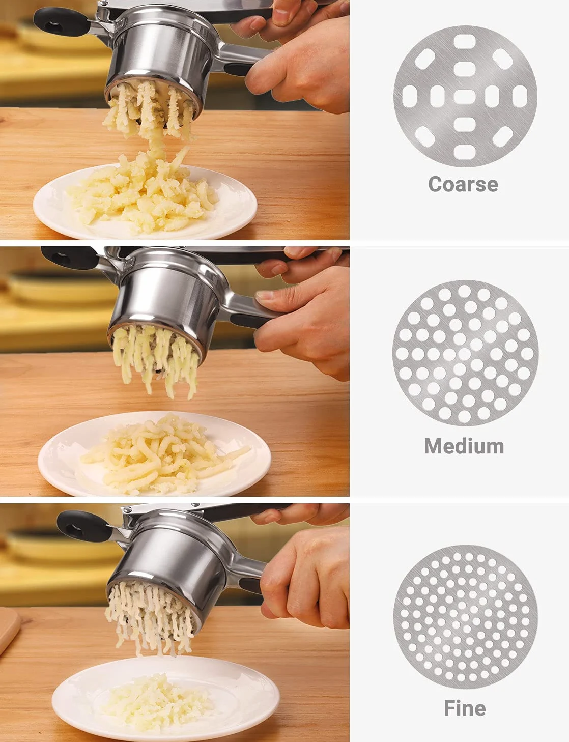 Arricer de patatas, de acero inoxidable, para frutas y verduras, triturador de alimentos de gran capacidad con 3 discos intercambiables y taza interior